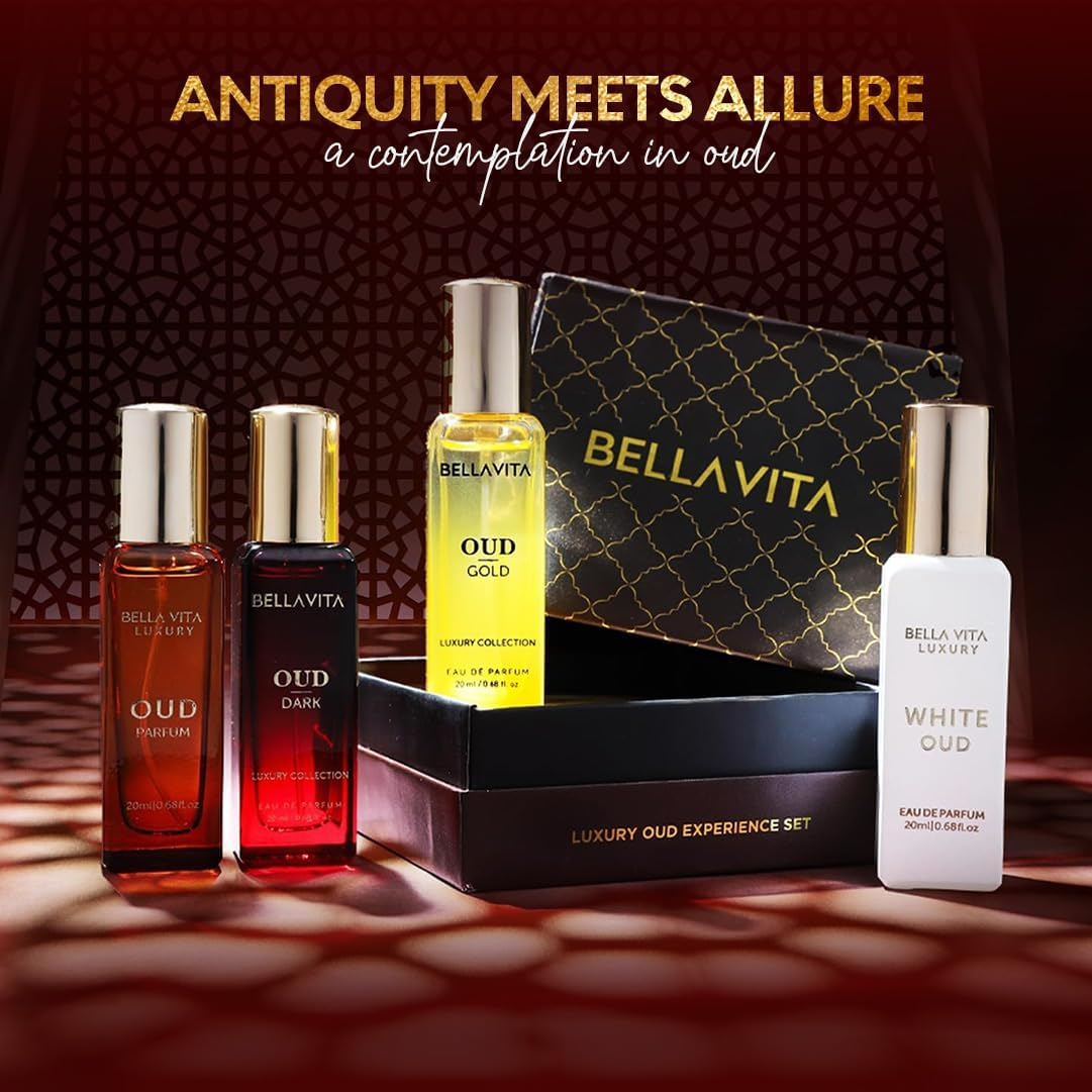 Bellavita Luxury OUD Gift Set (4X20 Ml) | Mens Arabian Parfum Gold, Dark, White & OUD | Travel Size Perfume for Men Gifts for Mens Cologne | Embrace Mans Cologne | Perfumes for Women and Men image number 1