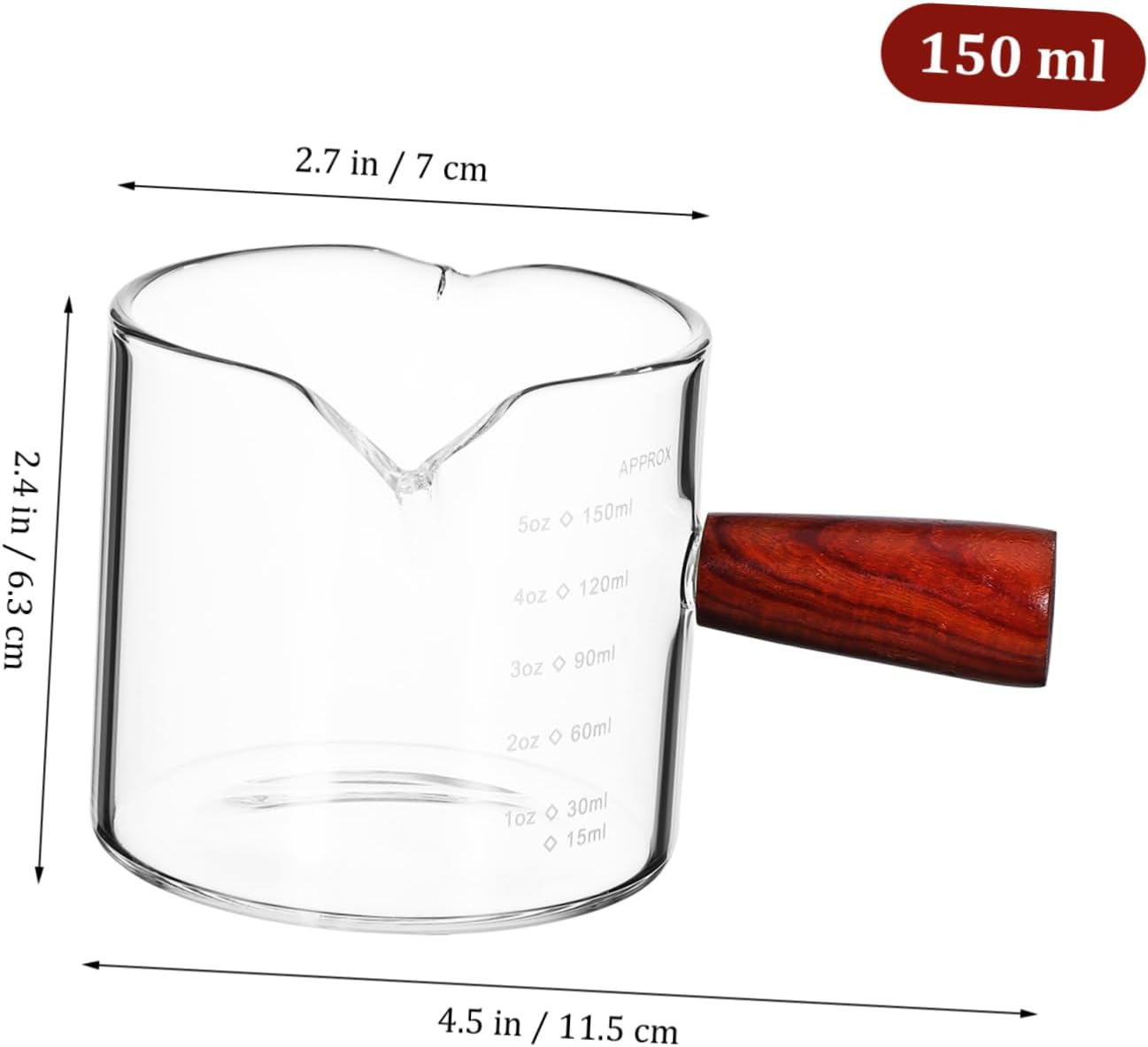 MOTHNUR 2 Pcs Espresso Glass Measuring Cups with Wooden Handles Dual Spout Pitchers for Coffee Creamer Milk Precise Graduated Design for Home Office Coffee Shop Use image number 5