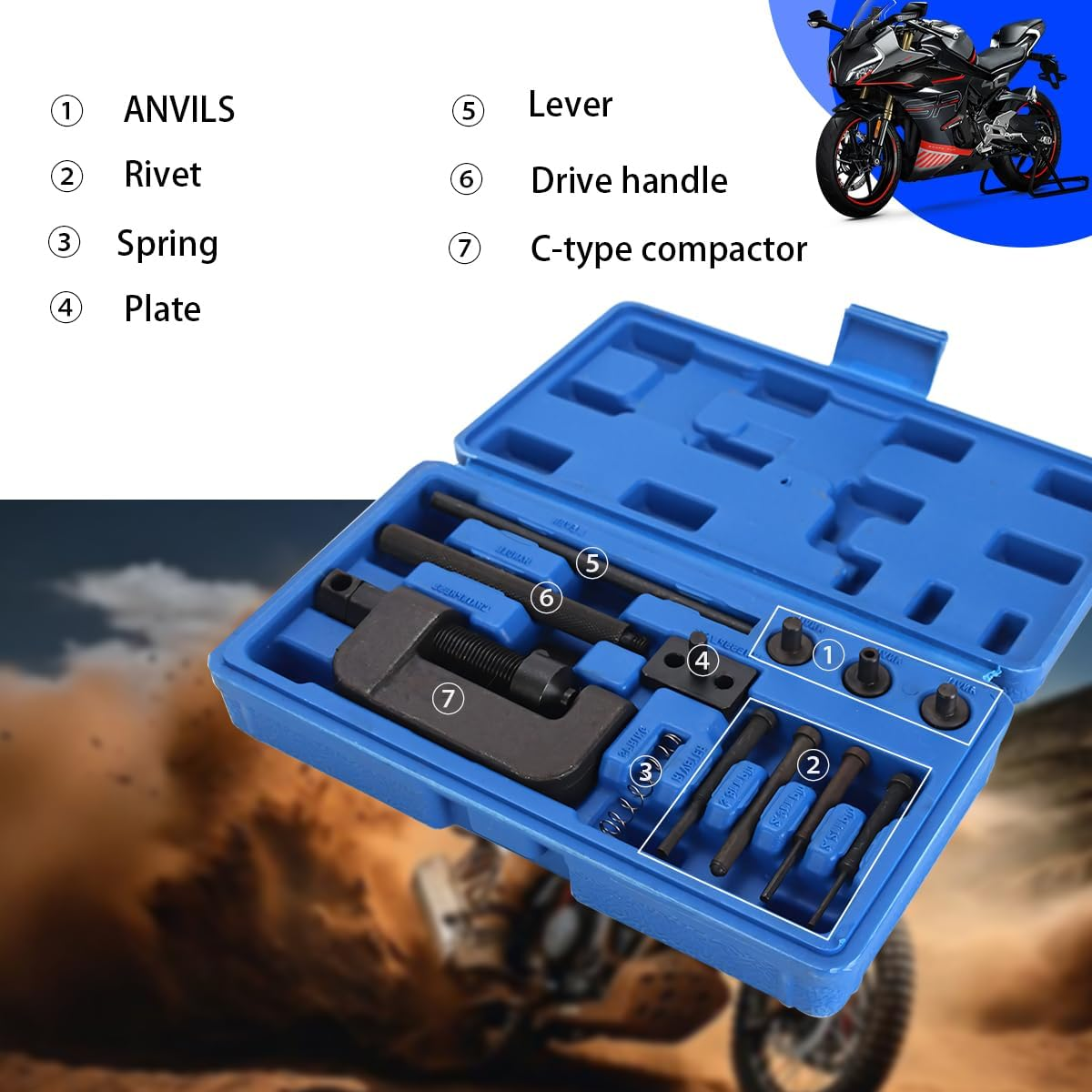 Sandfren Motorcycle Chain Brake Tool Kit, 13PCS Motorbike Chain Braker Set with C Frame 3 Anvils 4 Brake Tips, Dirtbike Link Repair Removal Tool, Fit for Cam & 25 to 630 Chains image number 3