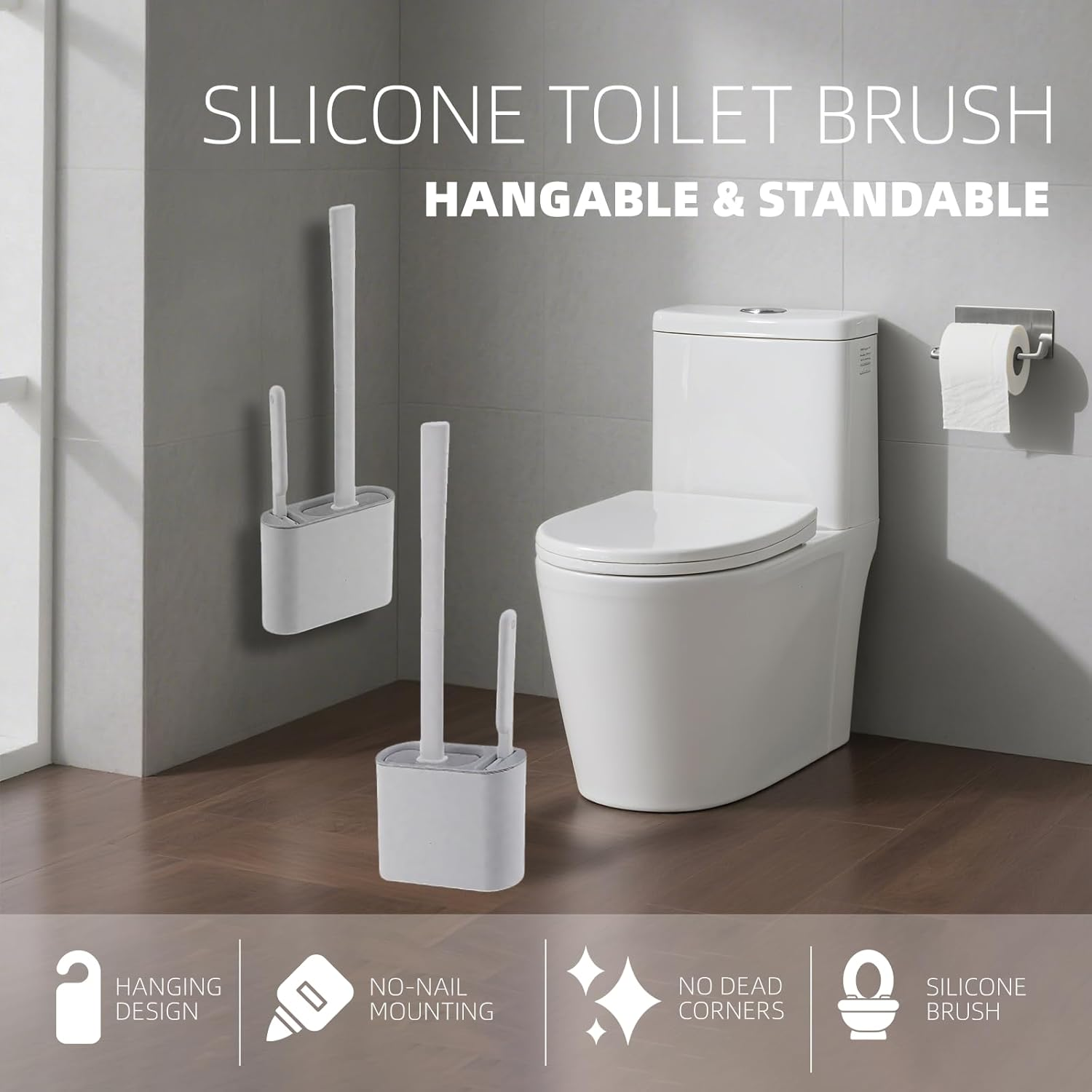 2 Pcs Toilet Brush and Holder Silicone Wall Mounted Toilet Brush for Bathroom, Set of 2 Cleaning Brushes, Flexible TPR Bristles (White) image number 3