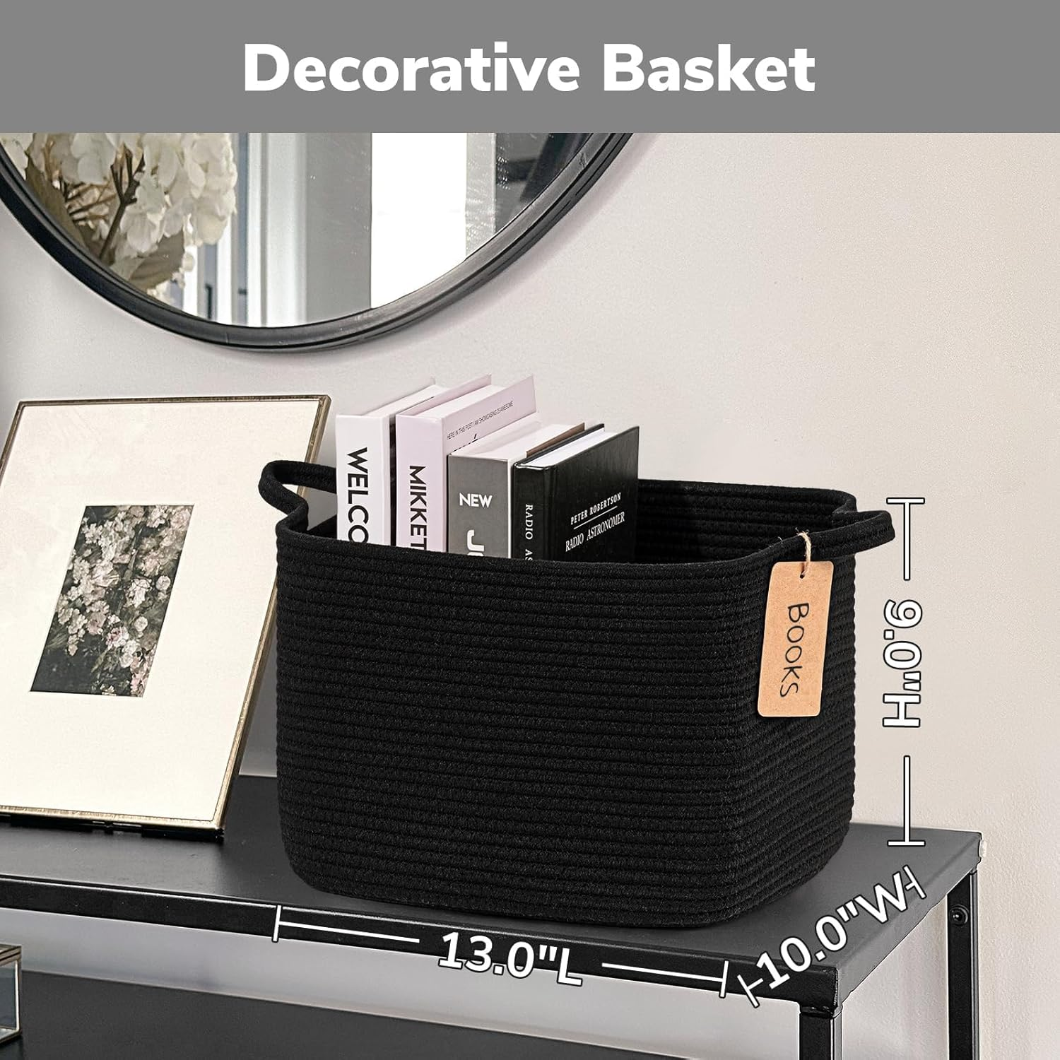 Storage Basket, Woven Baskets for Shelves, Cotton Rope Basket for Toys, Towel Baskets for Bedroom, 33 X 25 X 23Cm, 3 Pack, Black