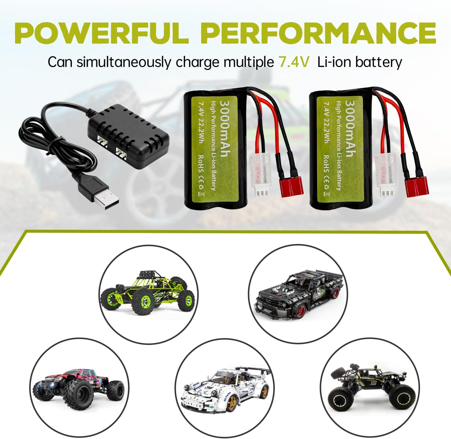 Fytoo 2PCS 7.4V 3000Mah 15C 2S Li Ion Battery with T-Type Plug and 2In1 Charger for Wltoys 12423 MJX 14301 14302 14303 H16PL High-Speed RC Cars 1/10 1/12 1/16 Ratio RC Car Trucks RC Ship image number 6