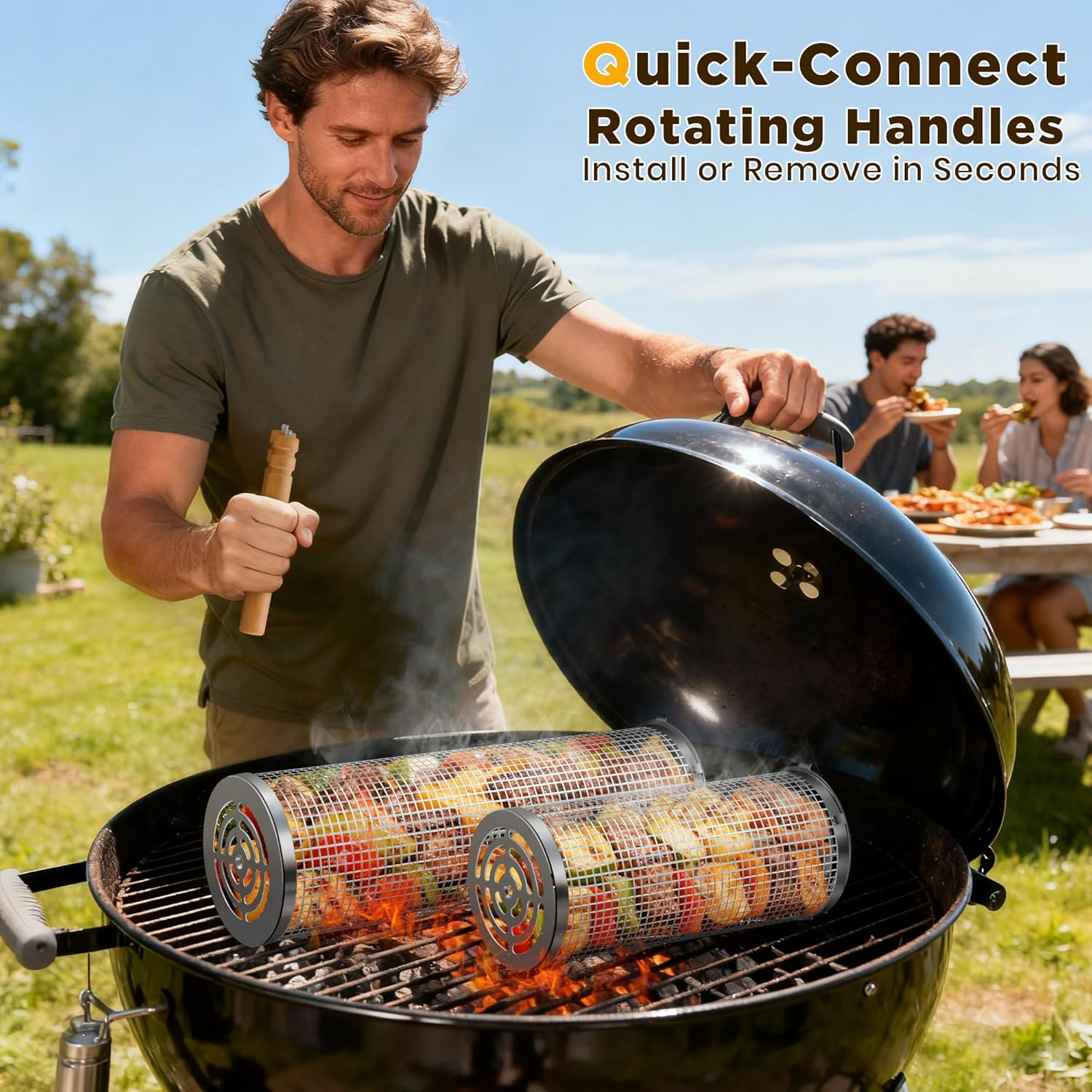 2PCS Rolling Grill Baskets with Removable Wooden Handle, 304 Stainless Steel, Nesting Grilling Net, BBQ Accessories Tools for Vegetables Shrimp, Outdoor Grilling Cookware image number 5