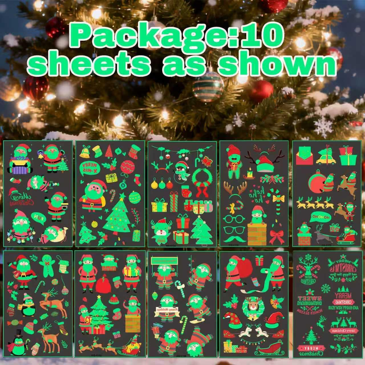 10 Sheets 120 Pcs Christmas Luminous Temporary Tattoos Stickers - Glow in the Dark Christmas Decorations Tattoos Stickers for Kids, Christmas Party Favors Stocking Stuffers Gifts for Boys and Girls image number 4