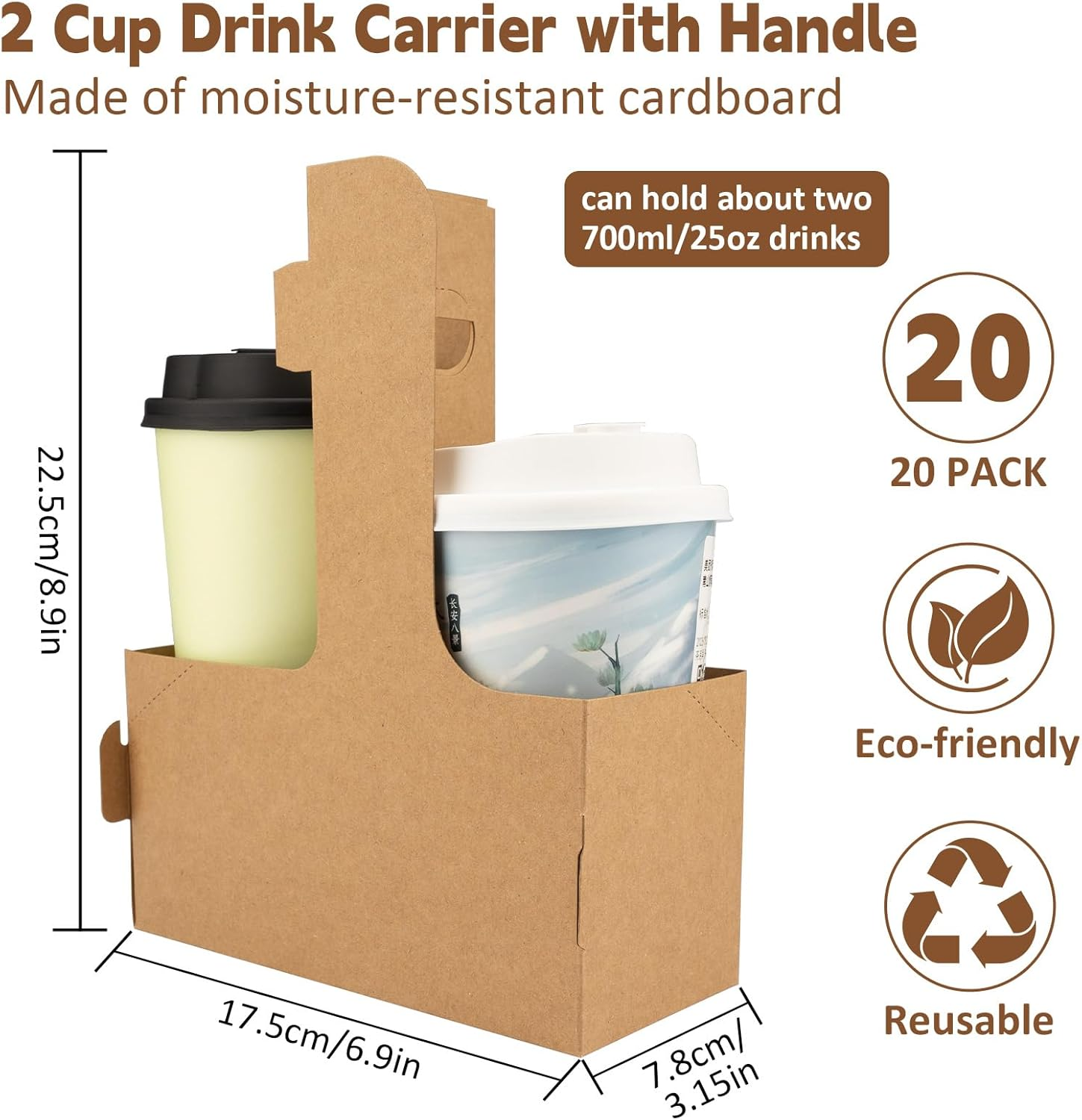 2 Cup Drink Carrier with Handle,Pack of 20 Kraft Paperboard Take Out Cup Carriers,Portable Foldable Cup Carrier for Hot or Cold Drinks,Coffee Carrier, Food Delivery (Brown) image number 6