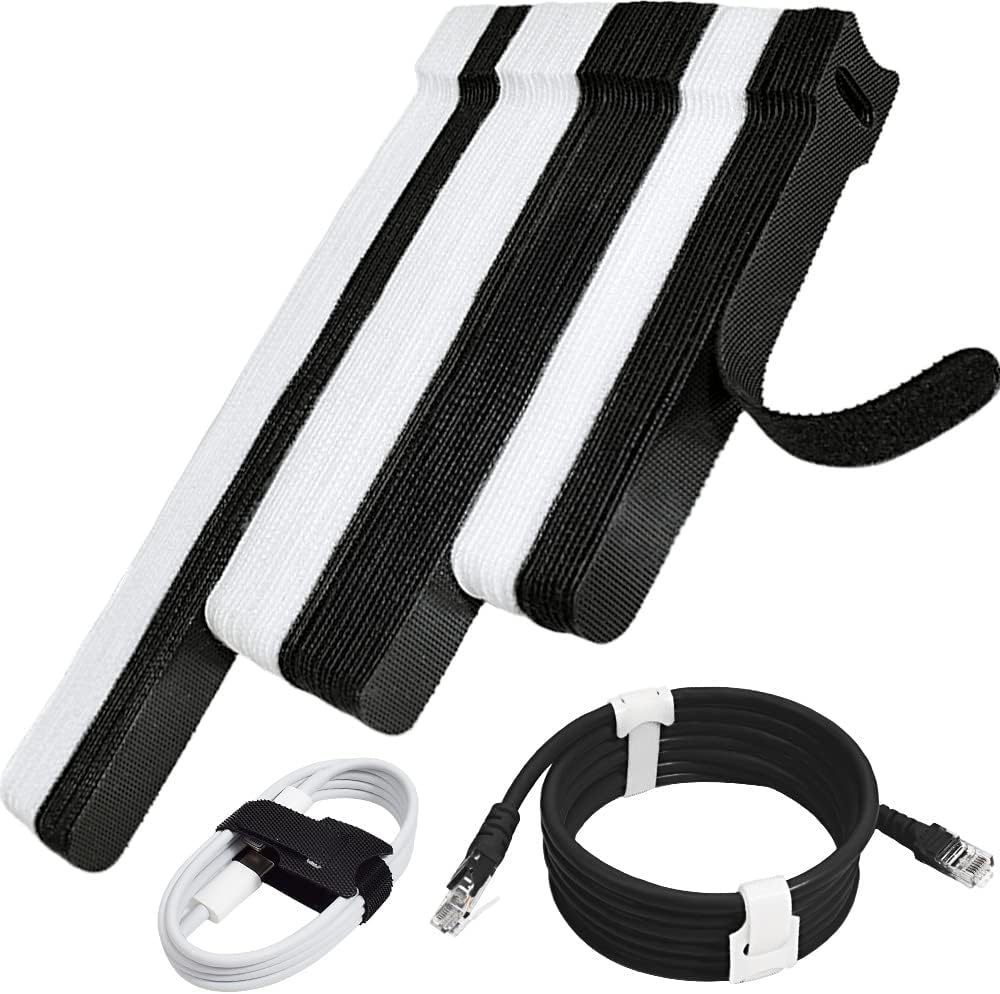70Pcs Computer Cable Ties, Wire Ties, Cord Ties Reusable for Electronics, Hook and Loop Microfiber Cable Ties Extension for Storage, Black and White, 4, 6, 8 Inch