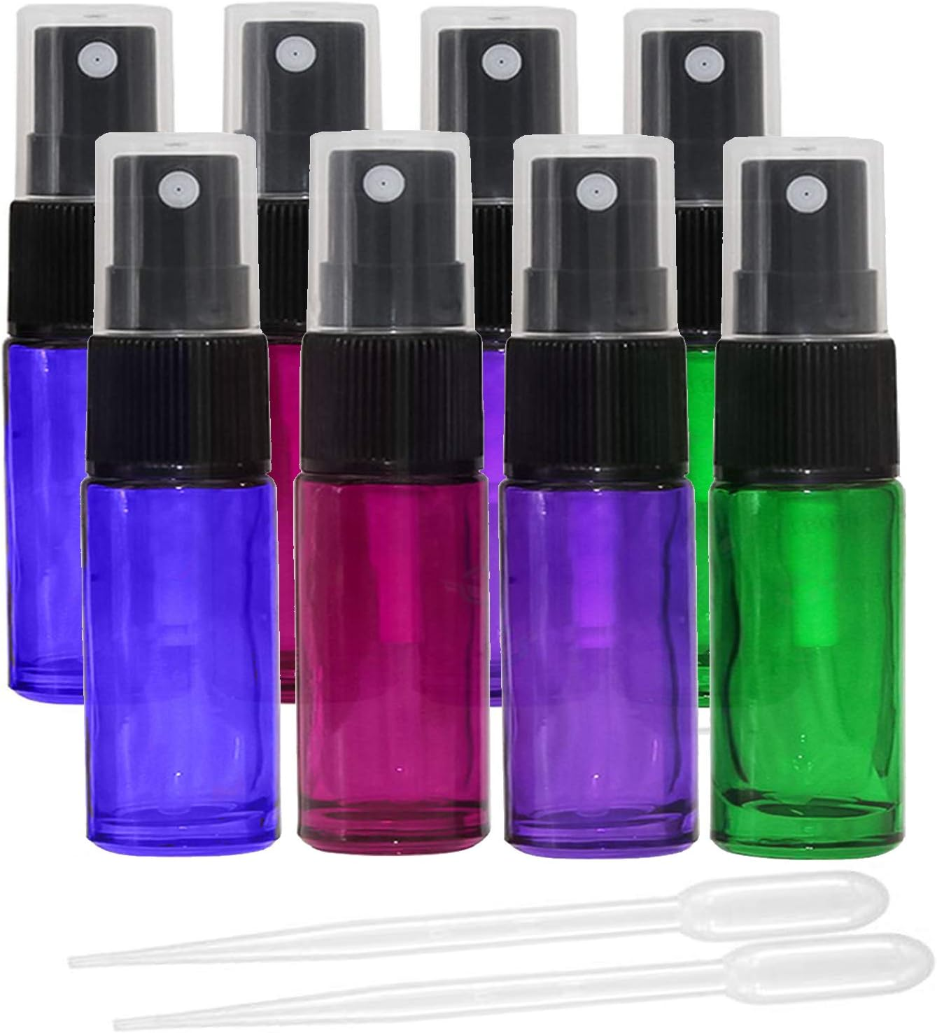 Jamhoodirect 8Pcs 5Ml Empty Glass Spray Bottles with Black Fine Mist Sprayers,Travel Perfume Atomiser Refillable Mini Portable Container Include 2 Droppers for Essential Oils or Night Out Fragrance, Blue, Green, Rose Red, Purple, 5ML image number 4