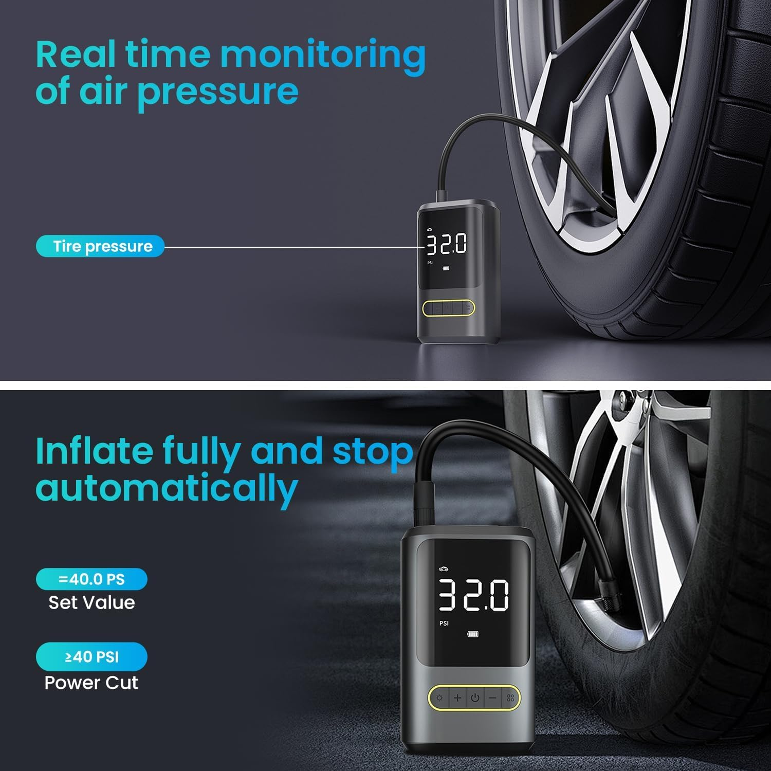 WEKUBA Portable Air Pump, 150PSI Electric Bike Pump, 4000Mah Battery Capacity, with Rechargeable Battery Function,Led Lighting, for Car, Bicycle, Motorcycle, and Ball, Preset 4 Inflating Modes image number 1