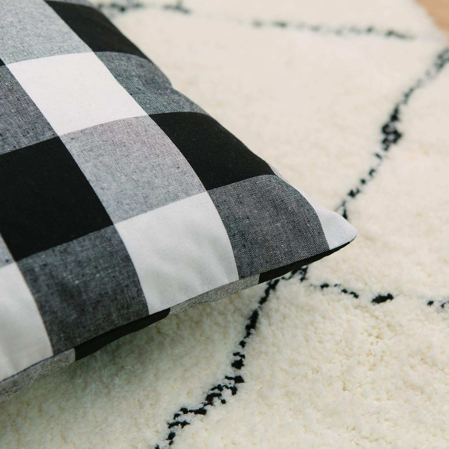 2 Piece Black White Cotton Buffalo Check Plaid Decorative Square Throw Pillow Cover with Invisible Zipper for Bench, 40Cm X 40Cm image number 1