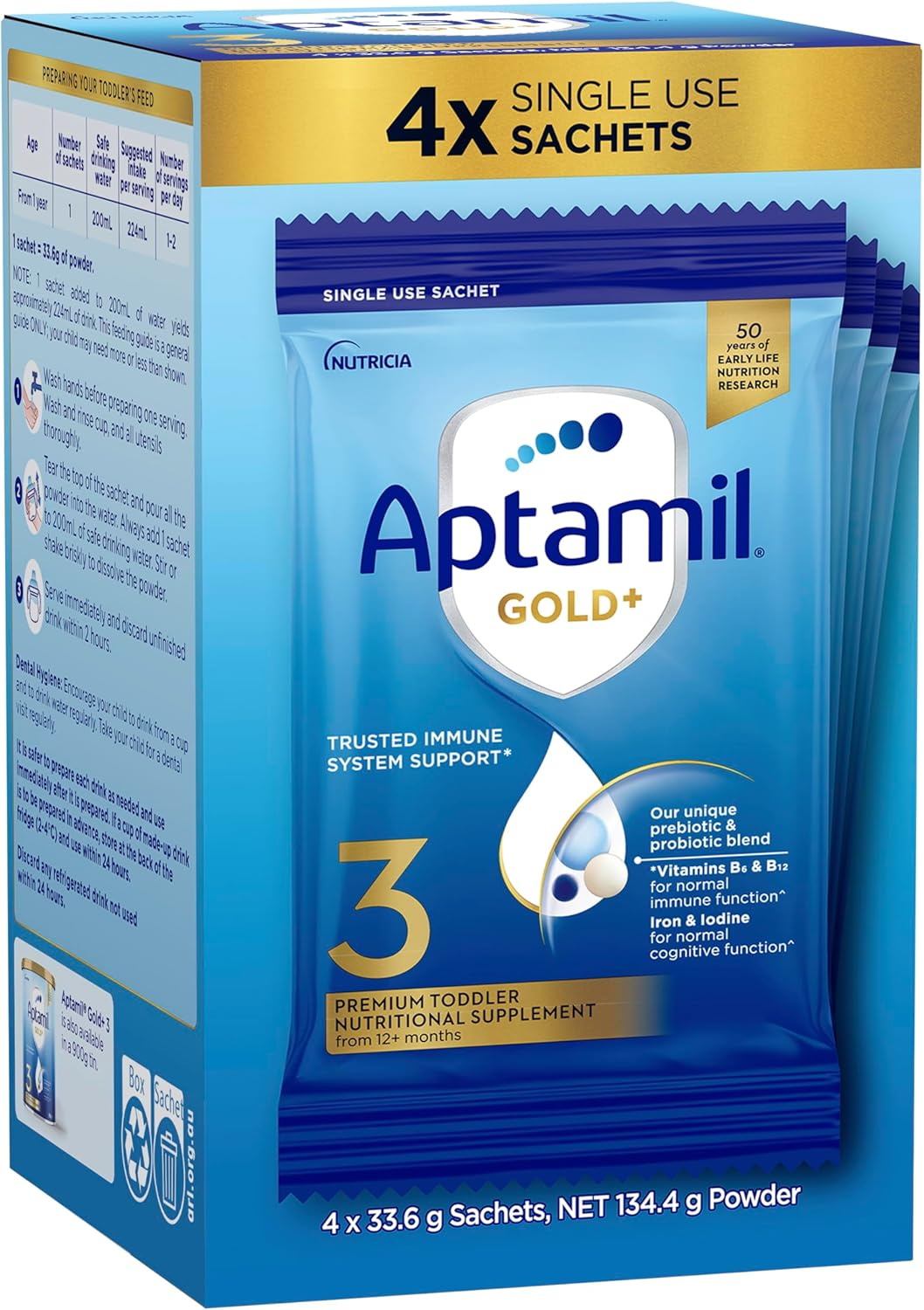 Aptamil Gold+ 3 Premium Toddler Milk Drink, Rich in Essentials Vitamins and Minerals, Toddler Formula with Probiotic & Prebiotic, from 1 Year, Powder Sachets, Easy to Carry on the Go, Pack of 4 image number 5