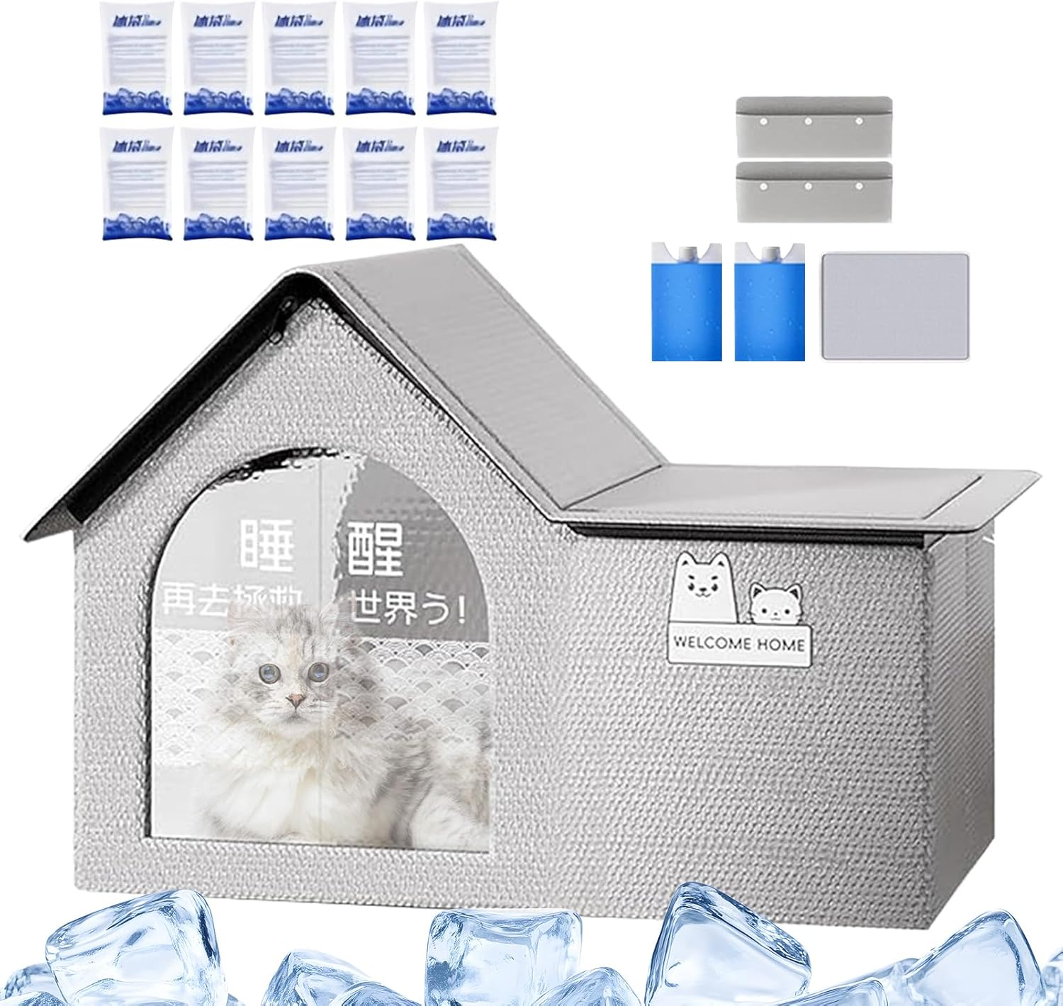 Outdoor Cat House for Summer | Foldable Cooling Tent for Pets,Dog Shelter with Ice Bags Portable Pet Cave Tent Bed for Balcony Travel Beach Apartment Patio image number 5