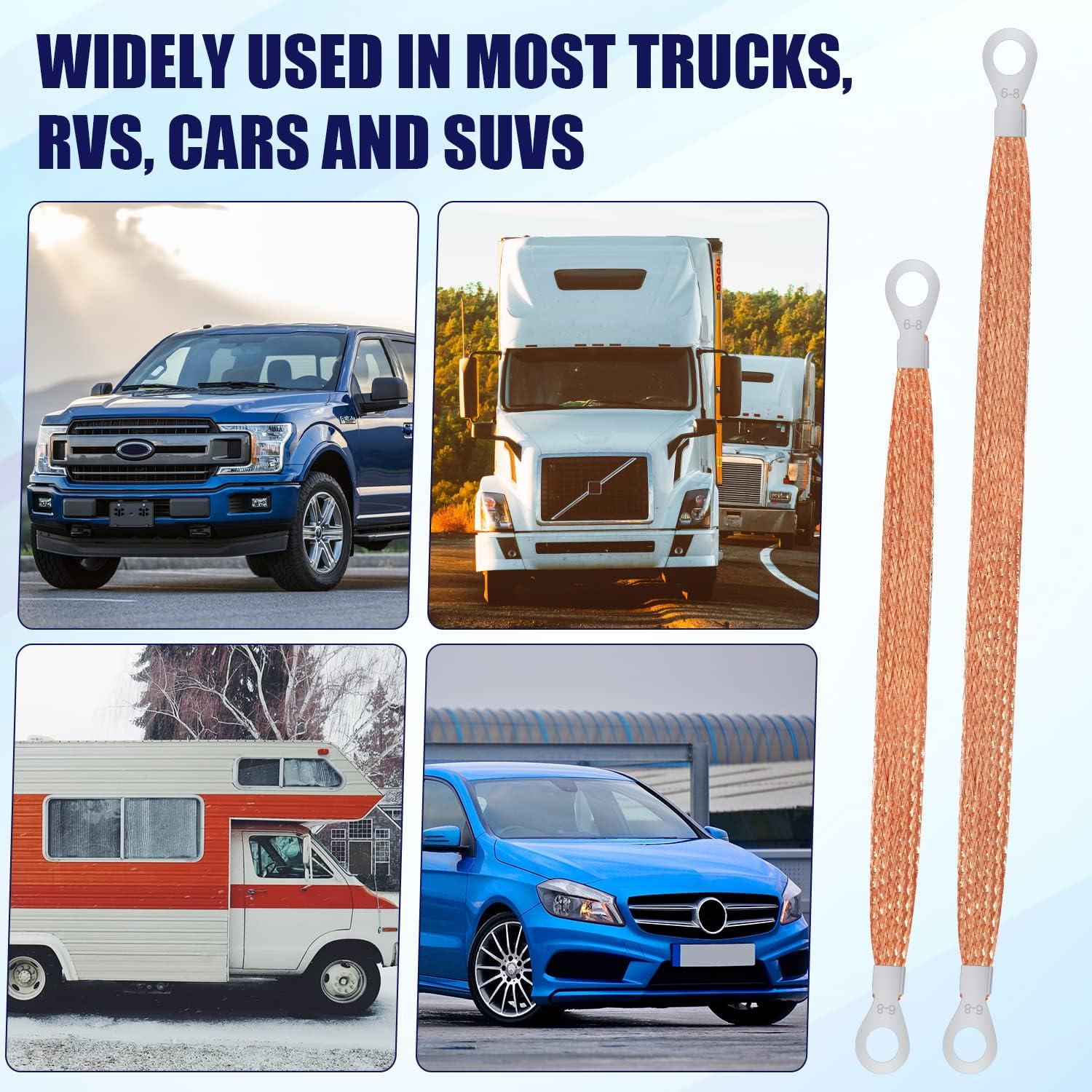 LUTER 4Pcs Universal Automotive Ground Strap Kit, 13Inch / 10Inch Vehicle Engine Ground Strap, Sturdy Woven Copper with 5/16" Rings Terminal (Copper Color) image number 3