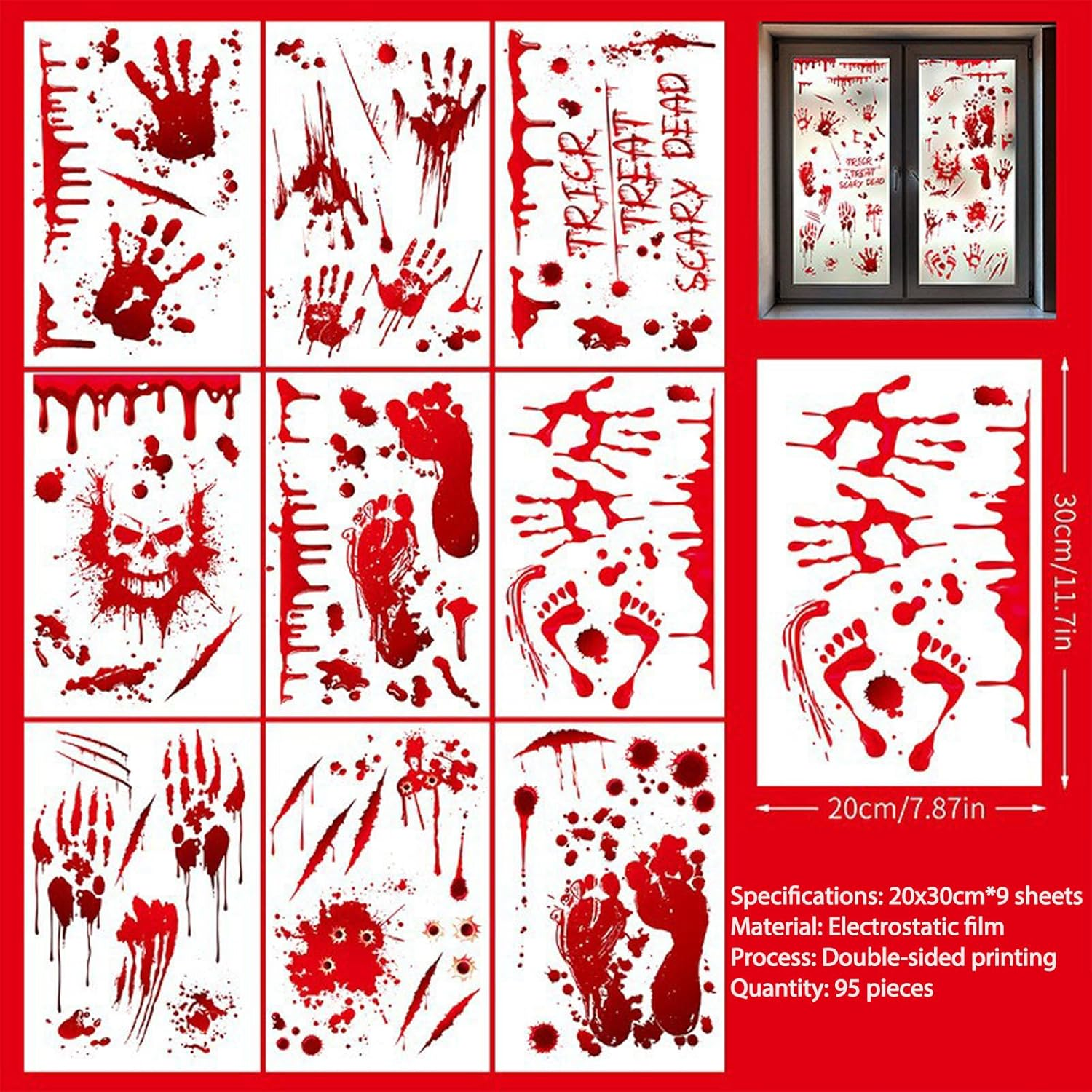 9 Reusable Halloween Window Stickers, 95 Pcs Halloween Window Stickers, Double-Sided Removable Halloween Horror Stickers, Perfect for Haunted House Window Decorations and Parties (Classic, Red) - Black image number 3