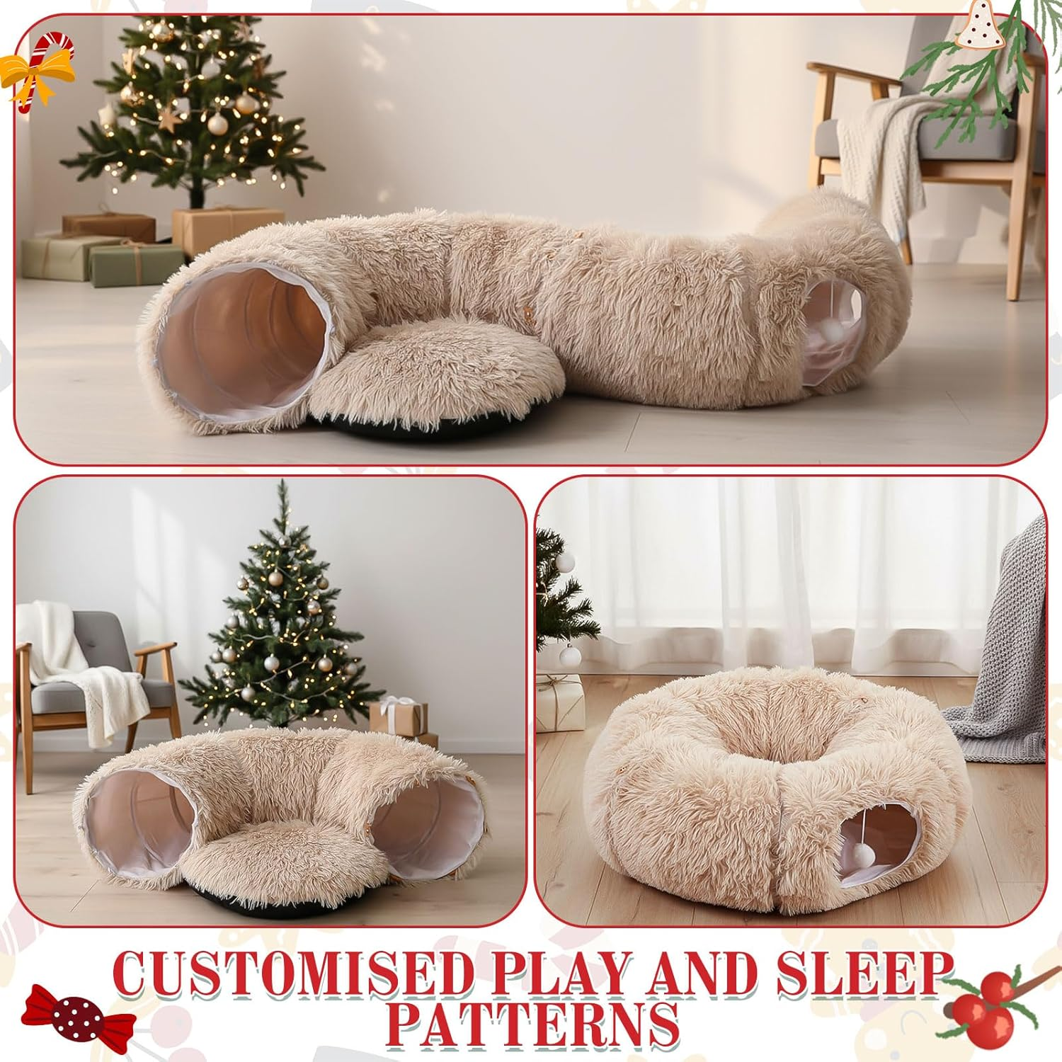 Siltriangle Cat Tunnel Christmas Tree Skirt Large Soft Plush Tunnel Bed under Christmas Tree for Indoor Cats 36" Circle Donut Tube Bed with Central Mat for Cat Puppy Rabbit Kitten Xmas Gifts(Beige) - Green image number 6