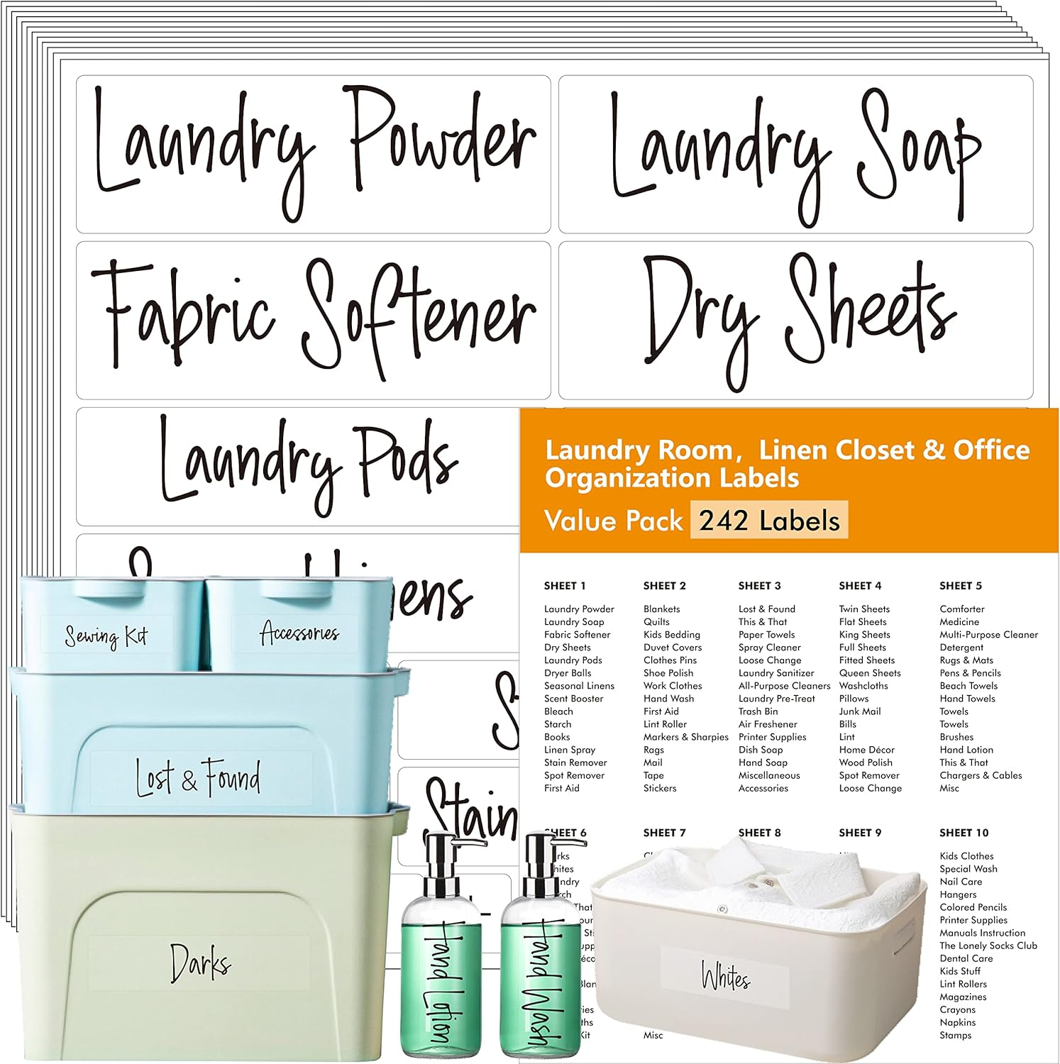 Hebayy 242 Pcs Laundry Room, Linen Closet & Office Labels, 220 Pre-Printed Waterproof Oil&Tear Resistant Removable Stickers, 22 Blank Ones, No Residue for Home Office Craft Room Organization image number 3
