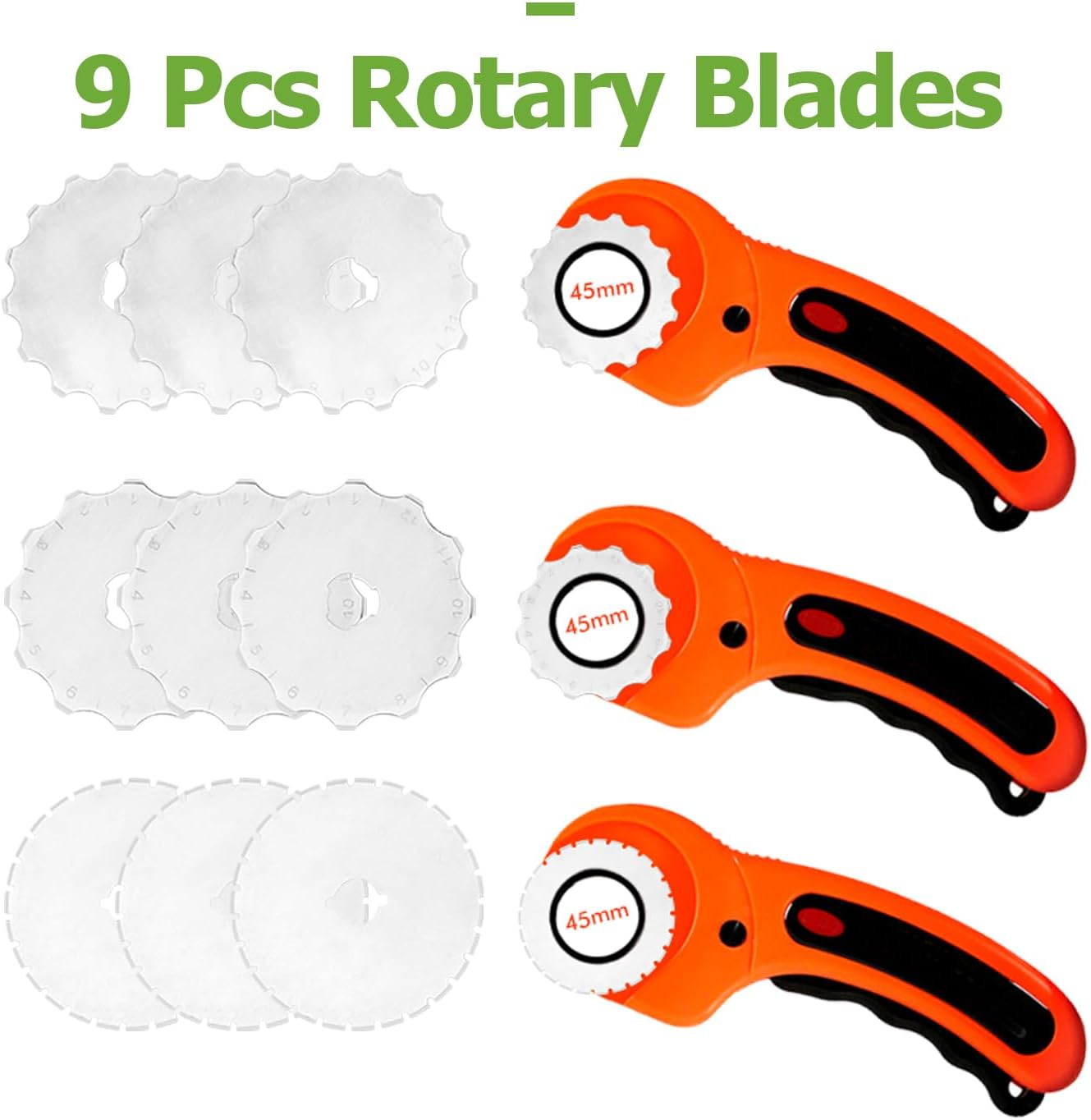 Bestgle 45Mm Crochet Edge Rotary Cutter Blade Set, 12/15/27 Teeth Skip Stitch Perforating Rotary Blades Replacement Wide Skip Blade Edging Tool Fits Fiskars Olfa, 9 Pieces image number 1