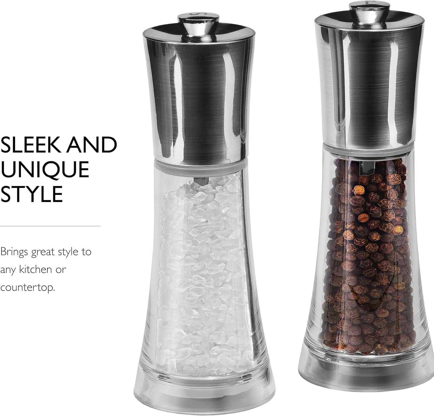 Cole & Mason Salt & Pepper Mill Grinders Gift Set - Adjustable Grind | Pre-Filled with Pepper & Salt | Clear Acrylic and Stainless Steel Design | Easy-To-Refill | Comes with Gift Box | Clear/Black image number 1