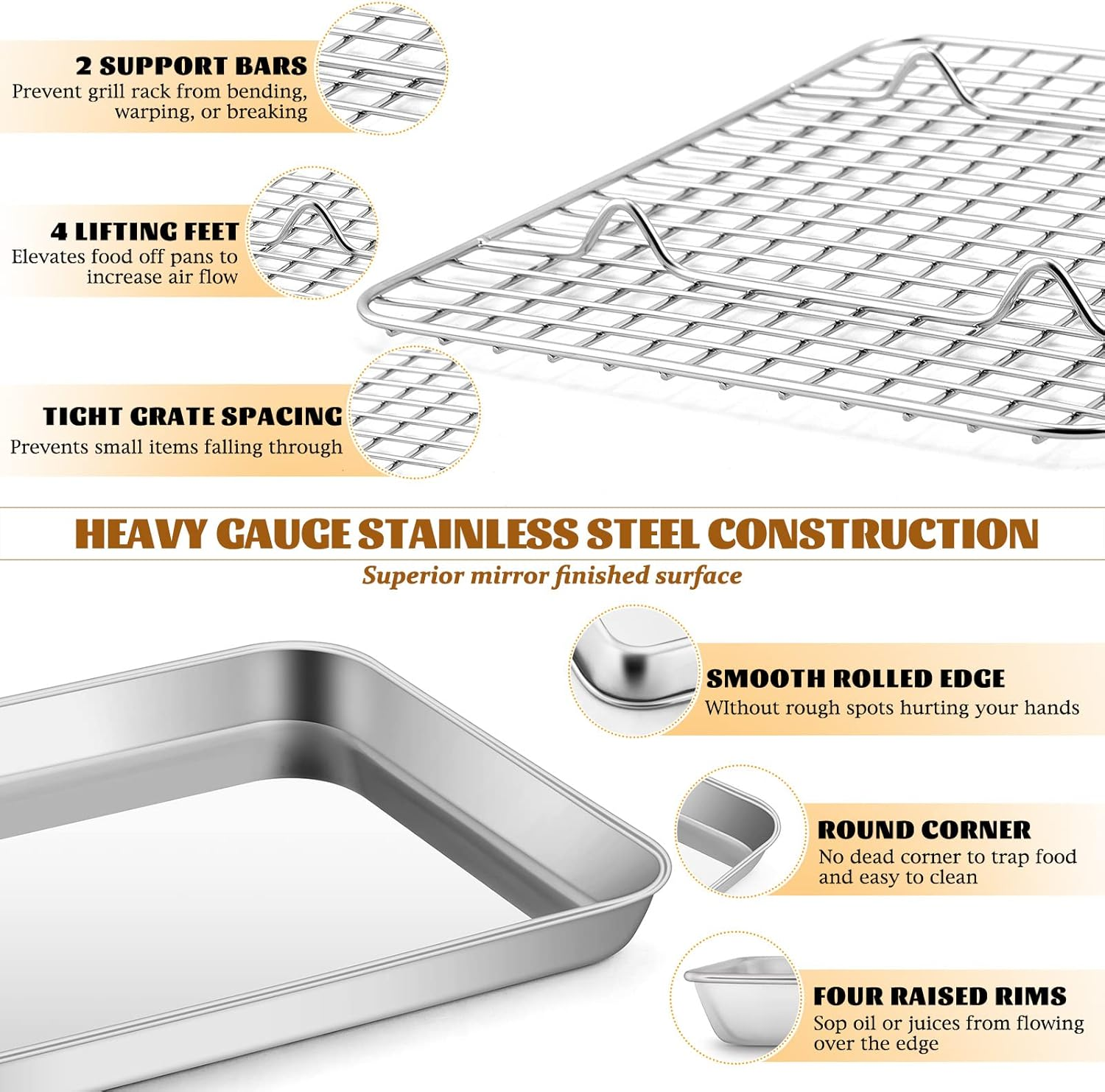 Metal Toaster Oven Tray with Rack Set, E-Far 10.5&rdquo;X8.3&rdquo; Baking Sheet Broiling Pan with Stainless Steel Wire Grate Rack for Cooking Baking Bacon Steak Cooling Cookie - Dishwasher Safe image number 1