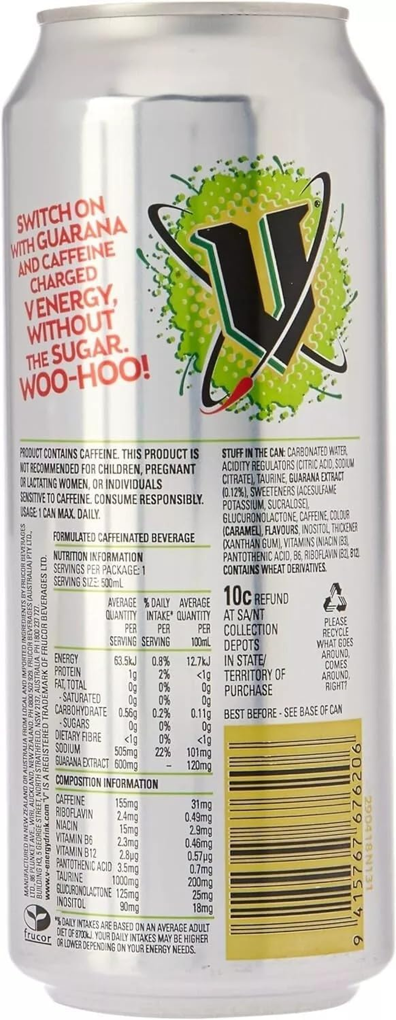 V Energy Sugar Free Guarana Energy Drink Can, 12 X 500 Milliliters image number 2