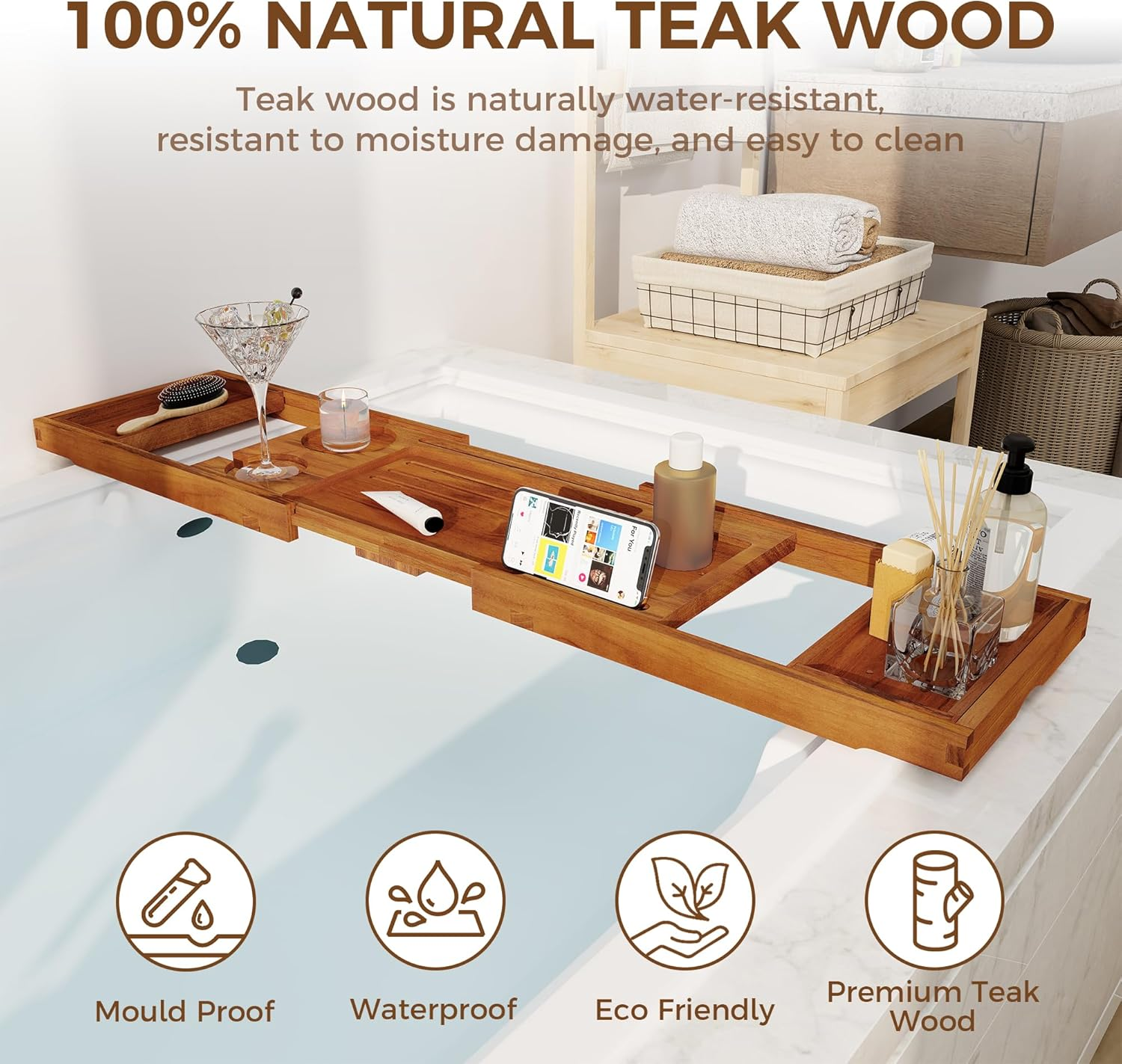 Teak Bathtub Tray - Luxury Bath Tray with Expandable Handles, Wine Glass and Phone Holders, Book Stand - Perfect for Home Spa Relaxation and Reading - Natural Bath Accessories - Light Walnut Color - Light Walnut image number 3