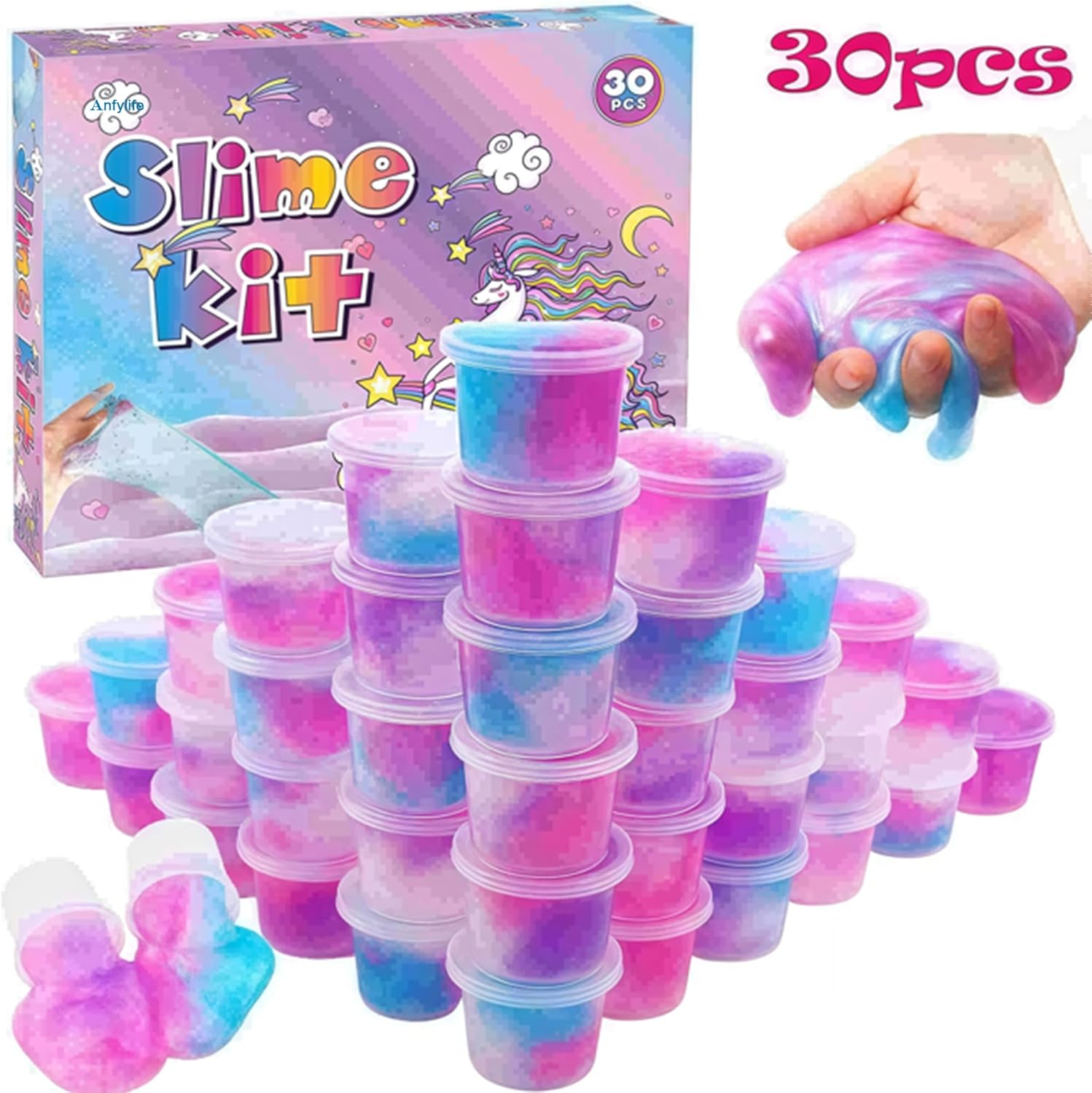 Anfylife 30 Packs Kirin Galaxy Slime Cups with Magic Color Change｜Sensory Toys for Stress Relief｜Non-Sticky & Non-Toxic,Gifts for Birthday Halloween Christmas, Classroom Reward image number 3