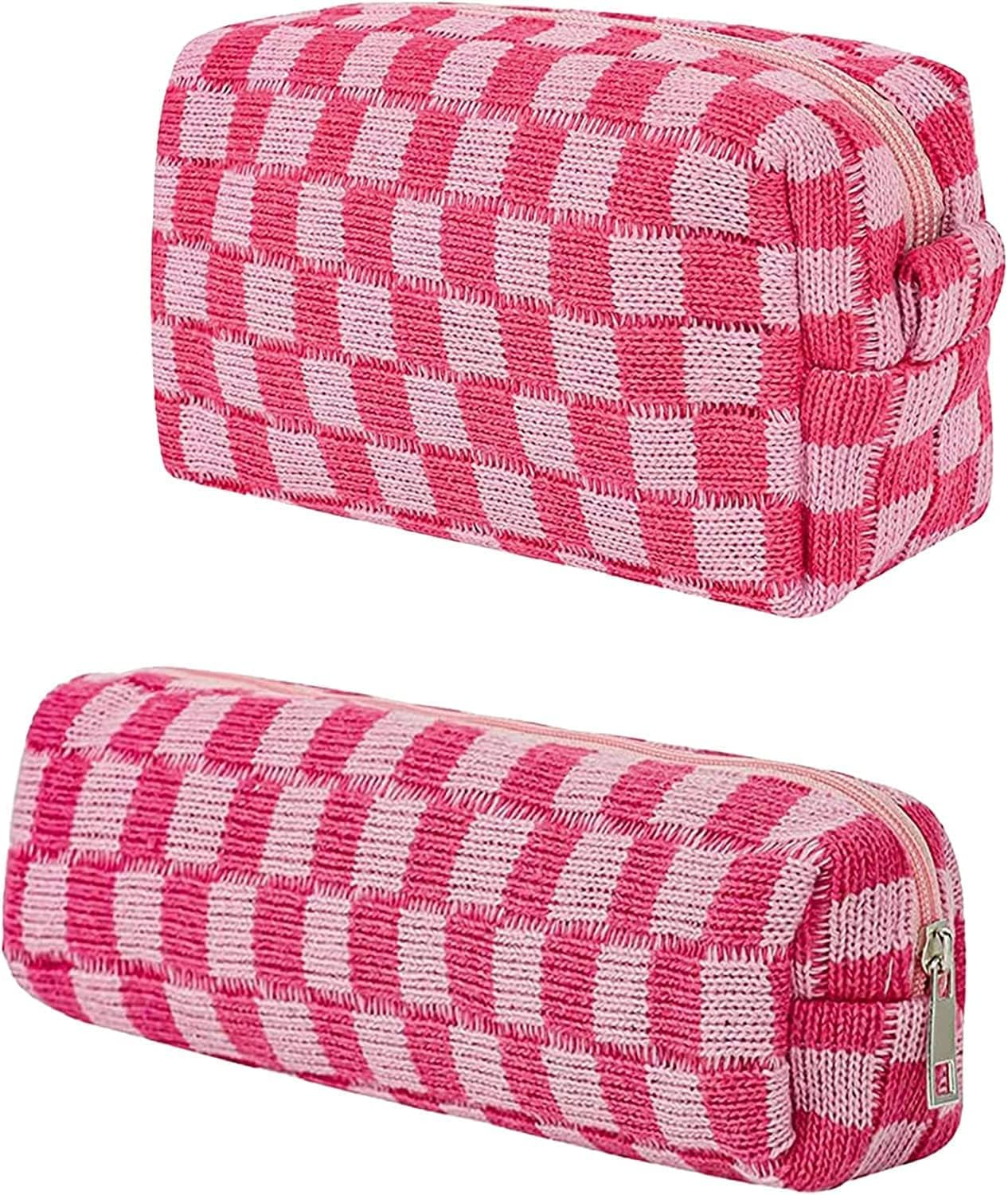 2Pcs Checkered Makeup Bag Knitted Cosmetic Bag,Large Capacity Makeup Bag and 1Pc Pencil Case Makeup Brush Storage Bag Knitted Toiletry Bag,Knitted Pencil Pen Case Storage Bag Large Knitted Purse,Pink image number 3