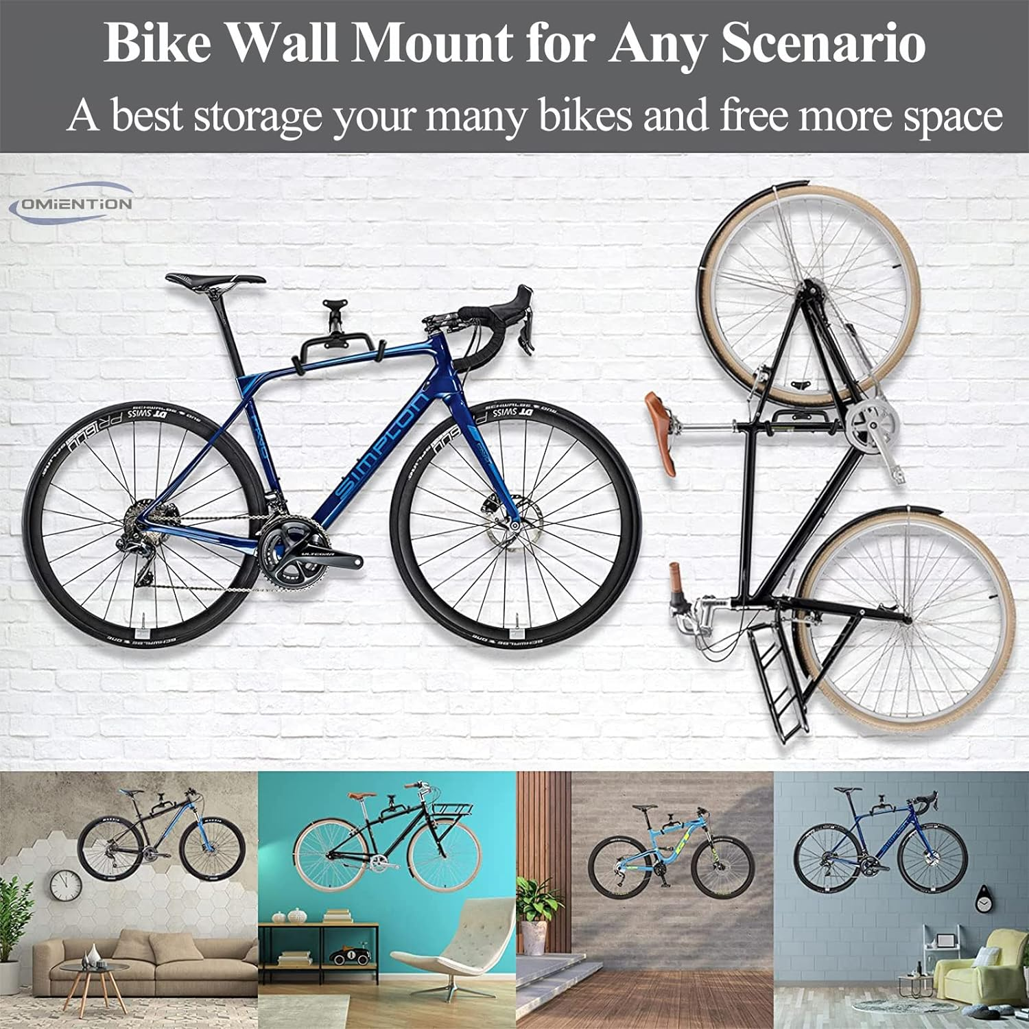 Omiention 2 Pack Bike Wall Mount, Bike Rack Garage,Horizontal Wall Mount Bicycle Storage Hanger Indoor Bike Holder for Haning Mountain Road Bike image number 6