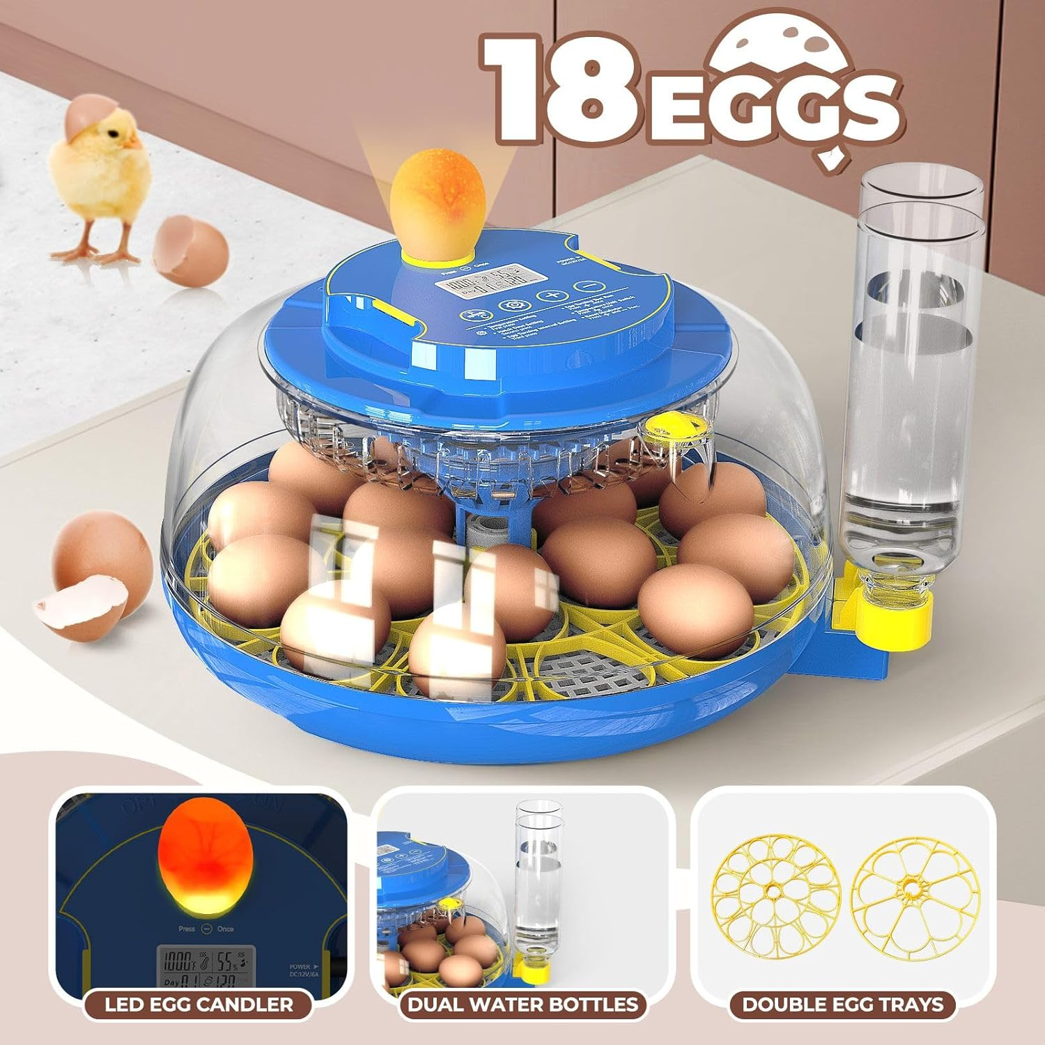 Pet Scene 18 Eggs Incubator Hatcher Automatic Double Layer Hatching Machine for Chicken Duck Quail Bird Goose Turkey with Auto Turner Water Adding LED Candler image number 6