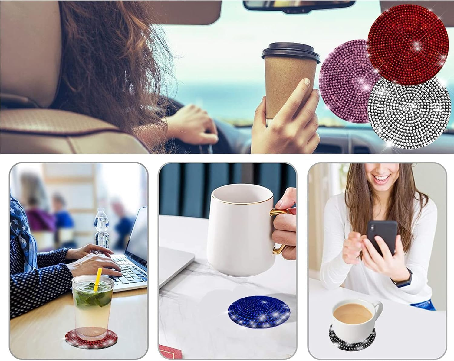 2 Pack Car Cup Holder Coaster,Fashion Anti-Slip Shockproof Universal Vehicle Cup Holders Coasters Insert Bling Crystal Rhinestone Auto Automotive Interior Accessories for Women (Blue) image number 5