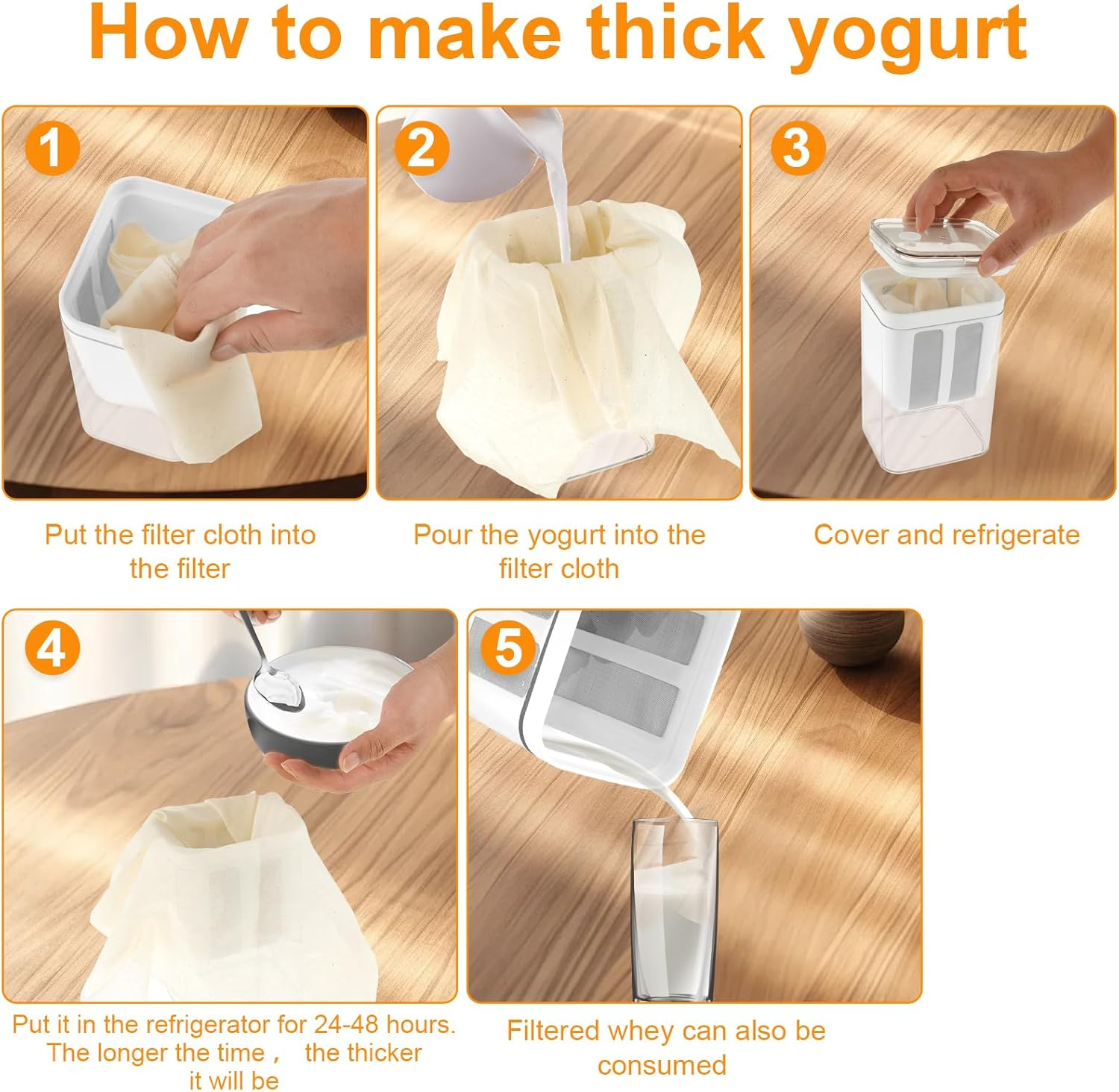 Yogurt Strainer, 1100ML Ultra Fine Yogurt Maker Strainer with Filter Cloth, Greek Yogurt Maker, Reusable Multipurpose Strainer Stainless Steel Yogurt Filter for Yogurt, Cheese, Fruit, Juice image number 6