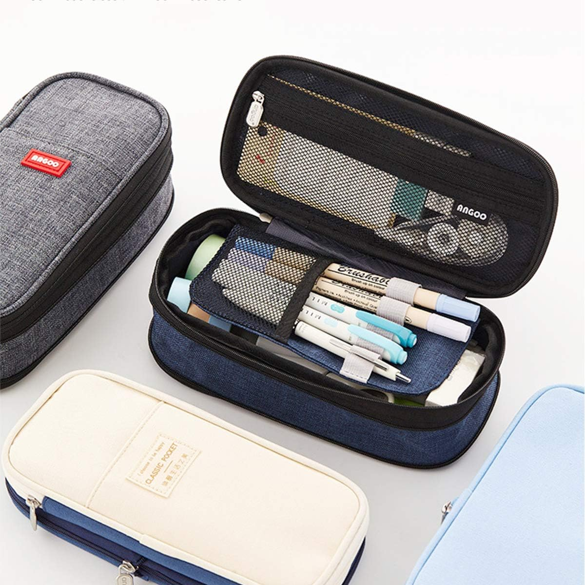 Isuperb Pencil Case Large Capacity Student Canvas Pencil Case Storage Bag Double Zipper Pencil Box for School, Navy Blue, Classic image number 4