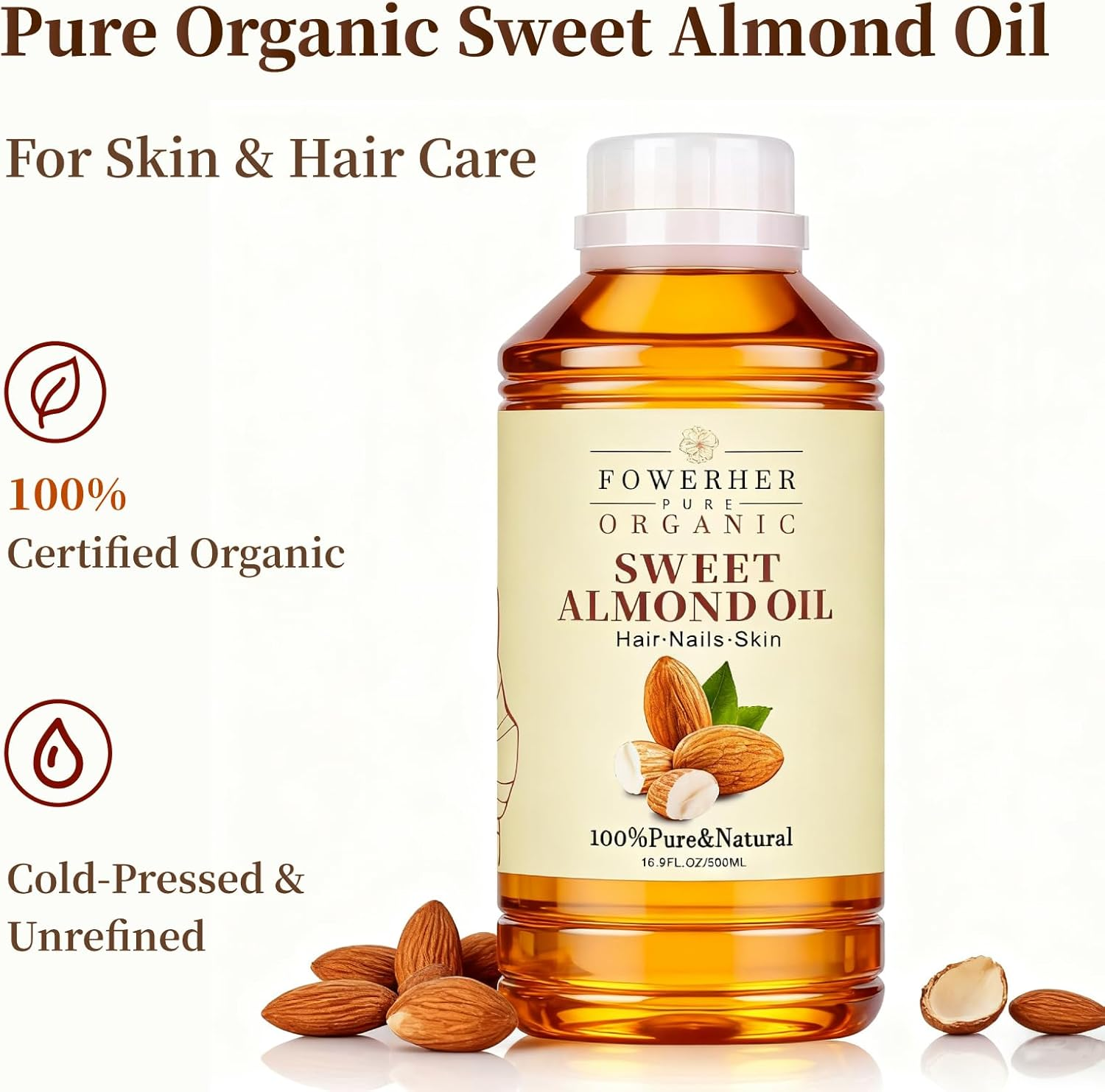 Organic Sweet Almond Oil, 100% Pure Cold Pressed, 500Ml, for Skin and Hair Care, Moisturising, Massage image number 6