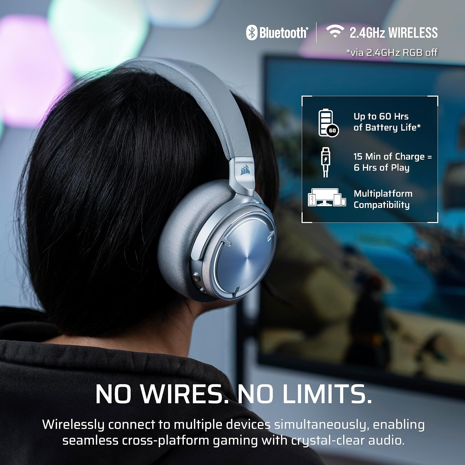 CORSAIR Virtuoso MAX Wireless Gaming Headset &ndash; Dolby Atmos, Sonarworks Soundid, 2.4Ghz Wireless, Bluetooth, Noise Cancelling, Omni-Directional Microphone, 50Mm Graphene Drivers, PC, PS5 &ndash; Silver