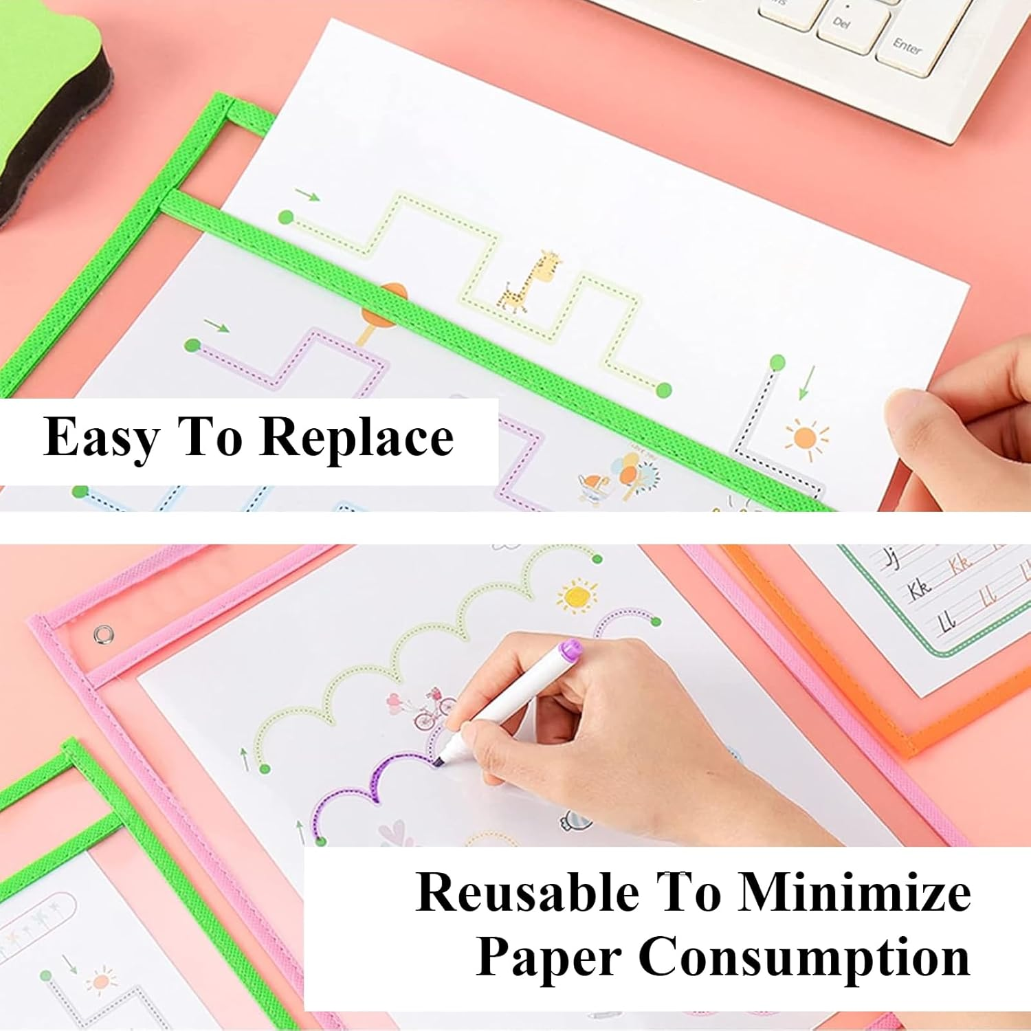 10 Pcs Reusable Dry Erase Pocket Folders 10 Colors, Plastic Paper Holders Sheet Protector, A4 Clear Dry Erase Sleeves, Write and Wipe Clean Pouches Pockets for School Work Use Supplies image number 6