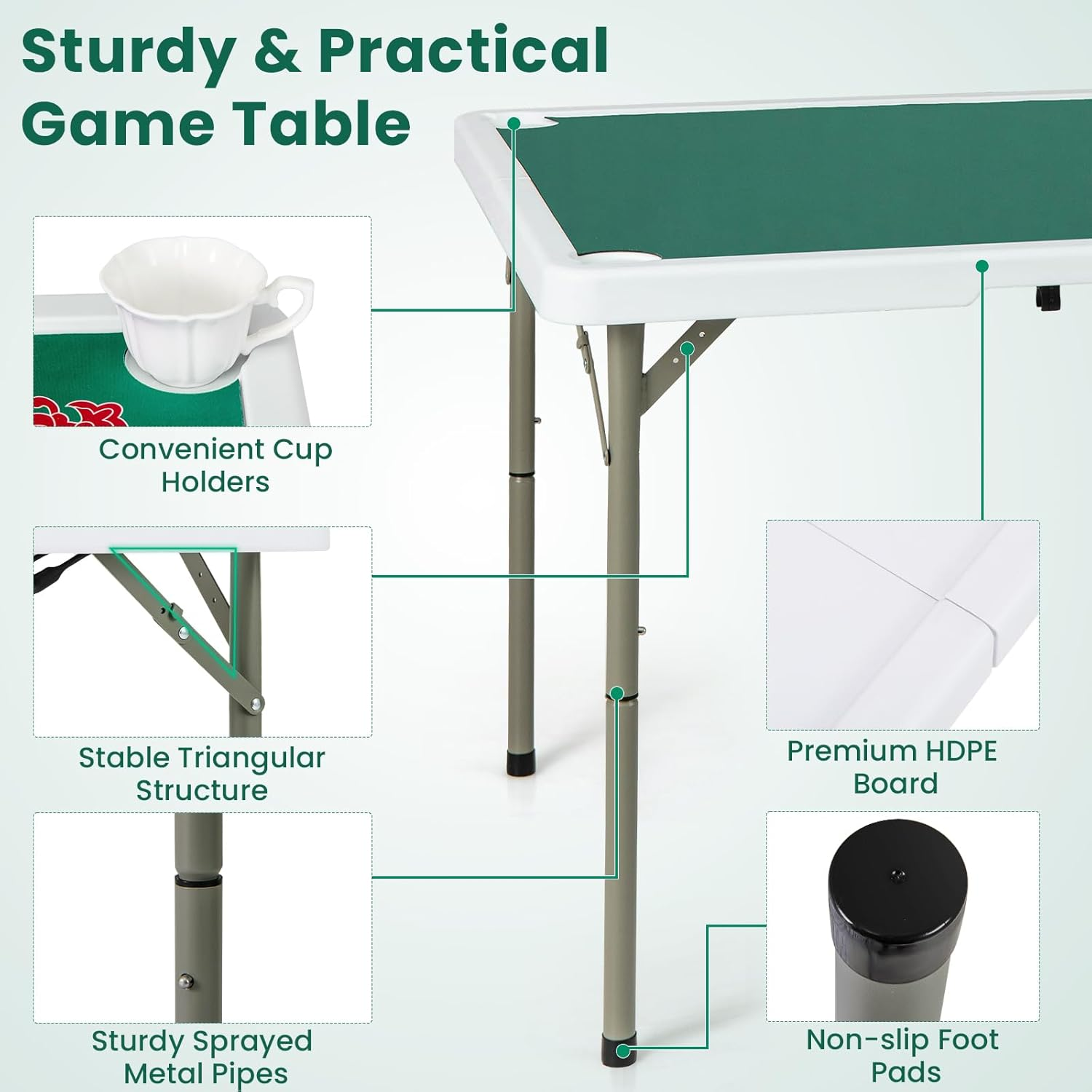 Giantex 90Cm Folding Mahjong Table, 4 Player Game Card Table W/Cup Holders & Smooth Felt Mat, Carrying Handle, HDPE Tabletop, Metal Legs, Portable Mahjong Game Table (Pure Green) image number 4