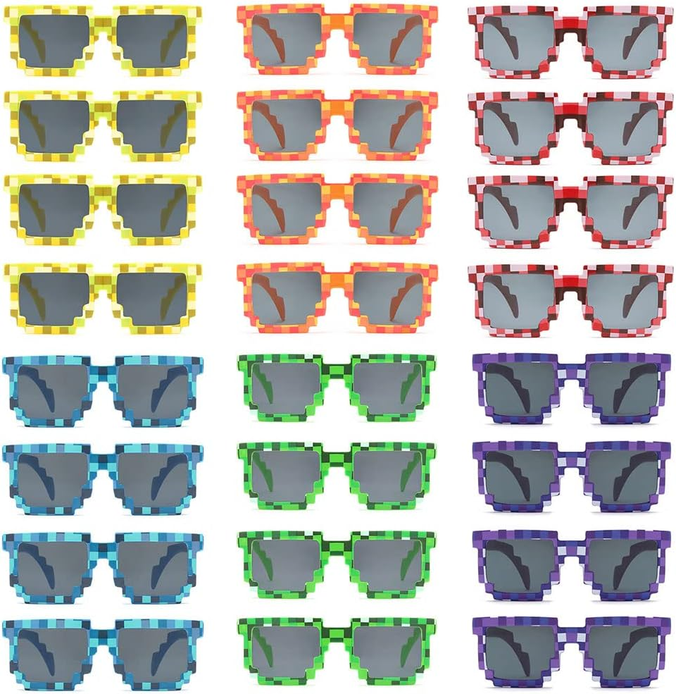 24 Pack Pixel Sunglasses, Miner Party Favors Sunglasses Retro Gamer Sunglasses Pixeled Eye Glasses for Kids Adults