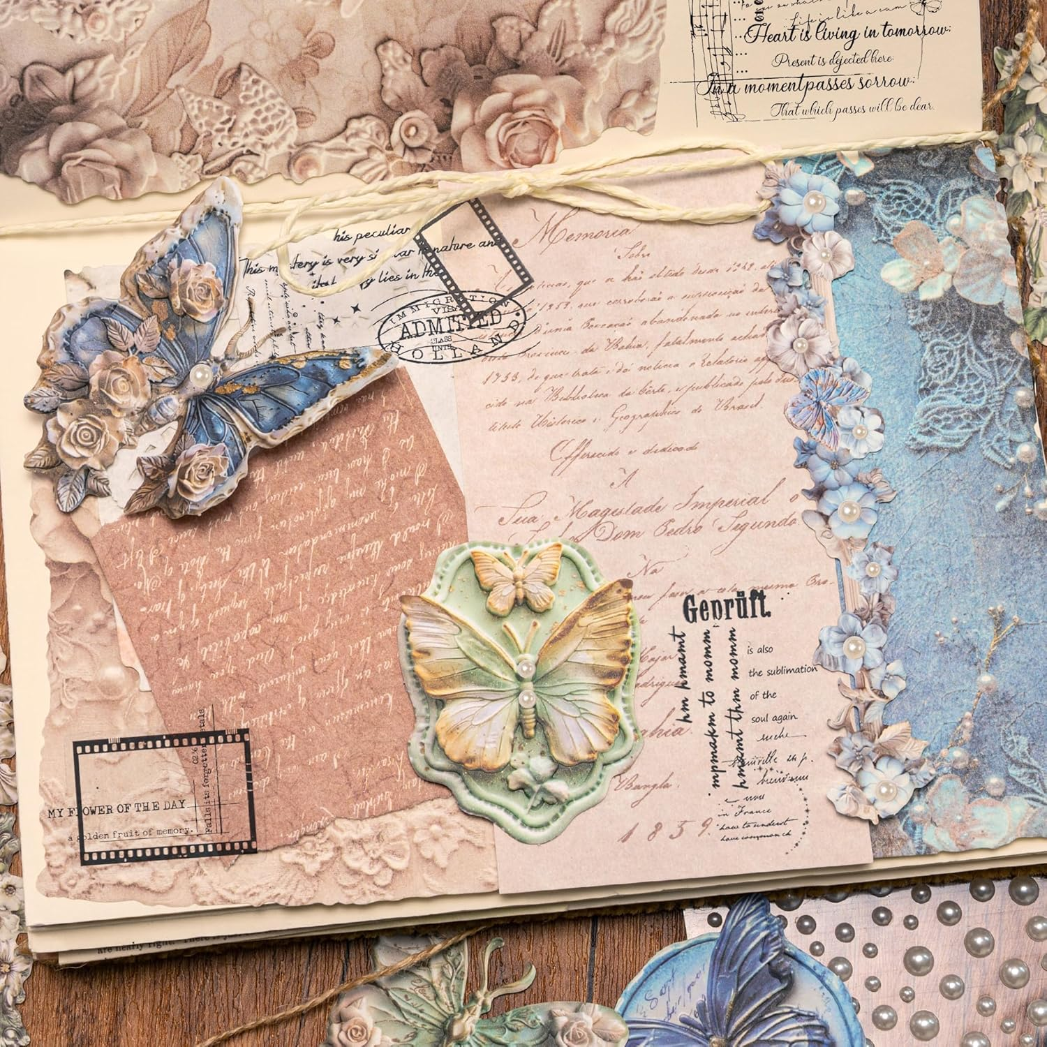 Aesthetic Butterfly Themed Sticker Embossed Flower Pattern Decorative Paper Set Retro Strip Decal Vintage Decoupage Pack for Scrapbook Supplies Journal Kit Card Making Collaging (Penny) image number 3