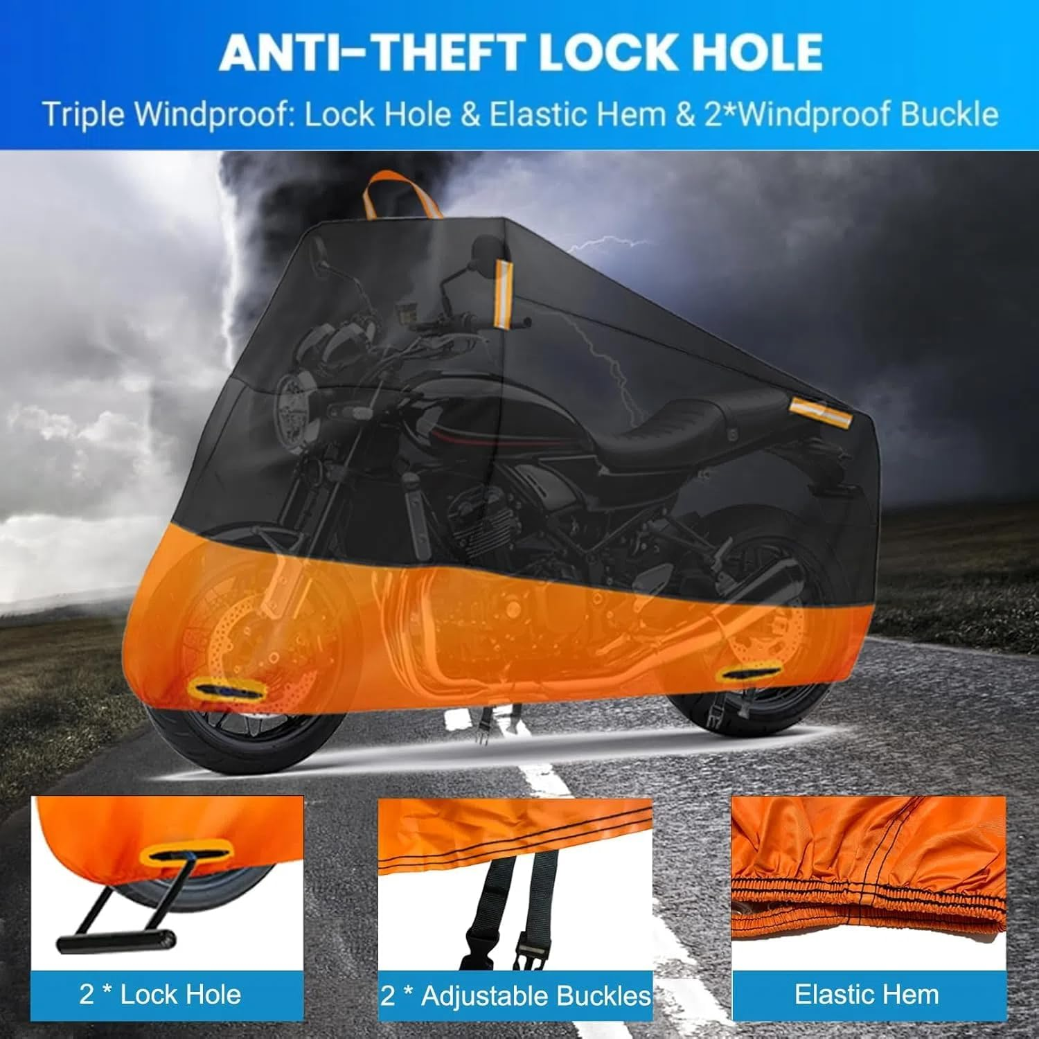 Motorcycle Cover All Season,Quality Waterproof Sun Outdoor Protection Scooter Shelter Tear Proof Night Reflective & Lock-Holes Storage Bag Fit up to 105" Motorcycles Yamaha,Honda,Suzuki,Harley image number 3