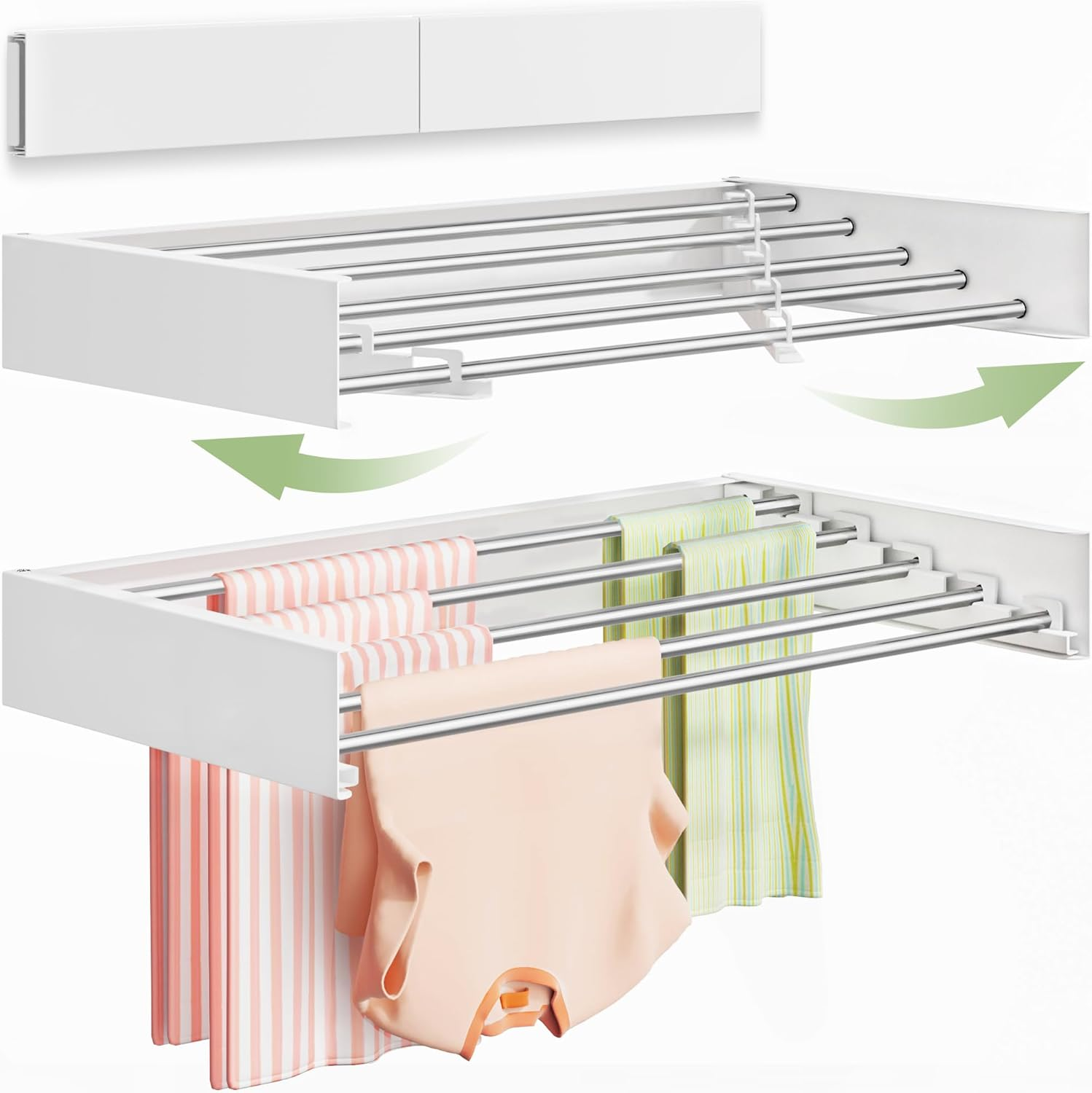 Vikaqi Wall Mounted Clothes Drying Rack 100 CM, Foldable Wall Mount Laundry Rack Folding Indoor, Drying Rack Clothing Collapsible, Towel Rack with Wall Template, 6 Rods, White