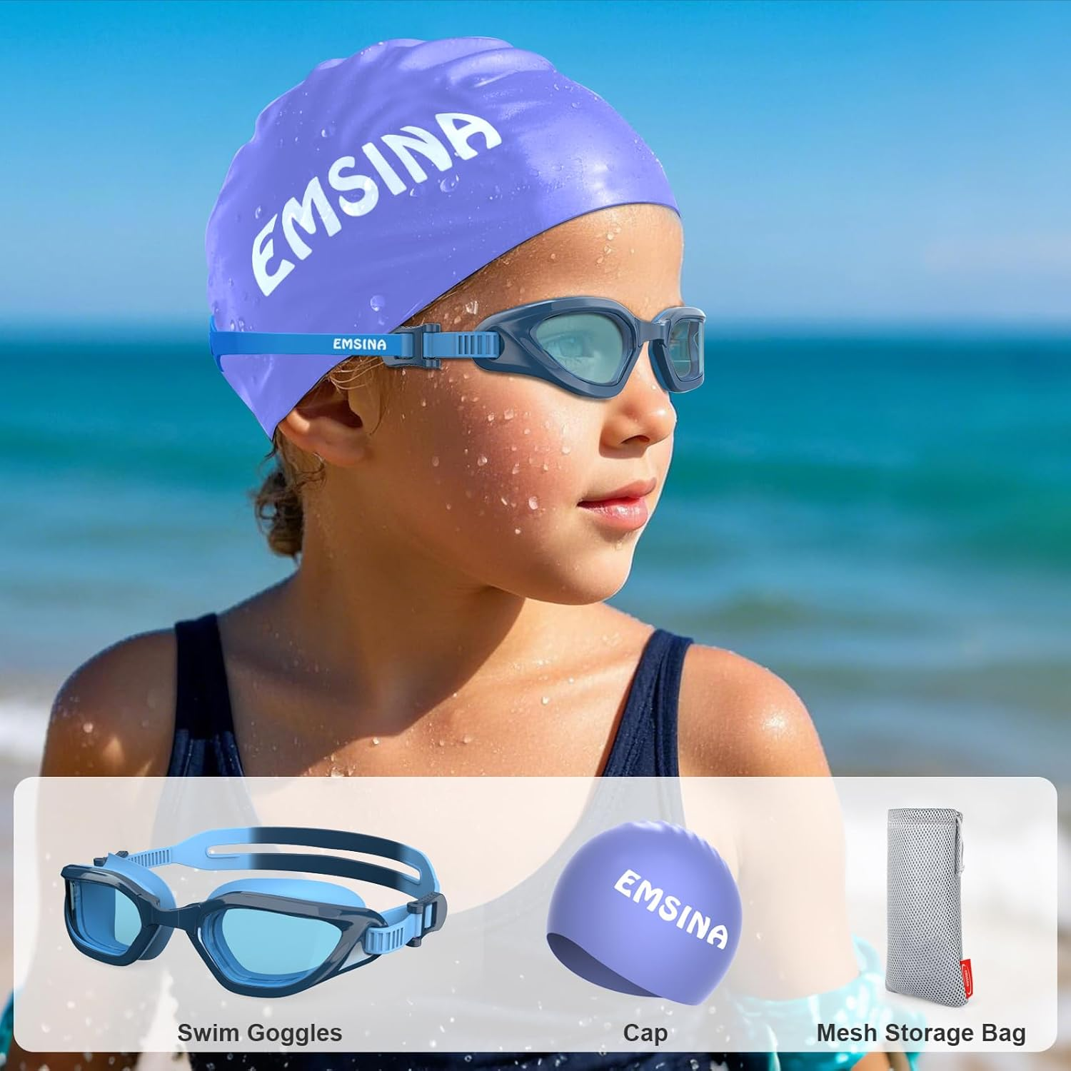 Emsina Kids Swim Goggles,Super Anti-Fog, No Leaking Pool Goggles,Swimming Goggles for Kids Age 5-14 Boys and Girls - Light Pink With Cap image number 4