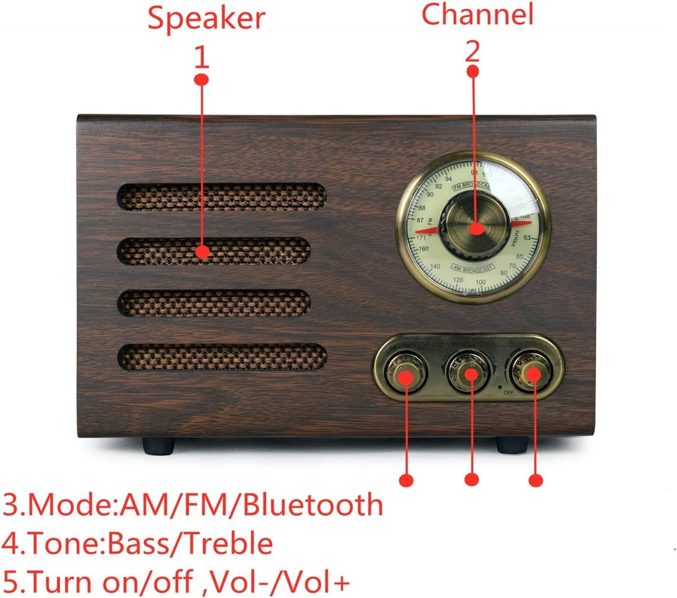 JUSTYAOFENG Vintage Radio Bluetooth Tabletop AM/FM Hi-Fi Retro Classic Home Built-In Speaker Treble&Bass Control Hand-Crafted Wood Radio (Color : 220V-240V) image number 2