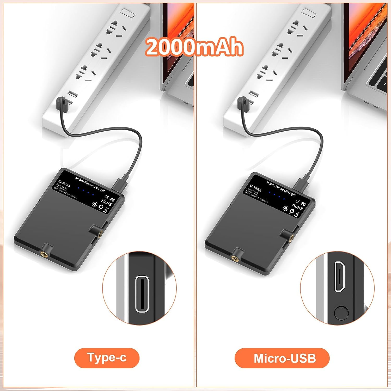 TONEOF Portable Selfie Light,Rechargable 60 LED Phone Light with Clip & Double 1/4" Screw Hole,3200K-6500K Dimmable Light for Iphone,Android,Laptop,Tablet,Selfie/Video Conference (Black, 60 LED) image number 5