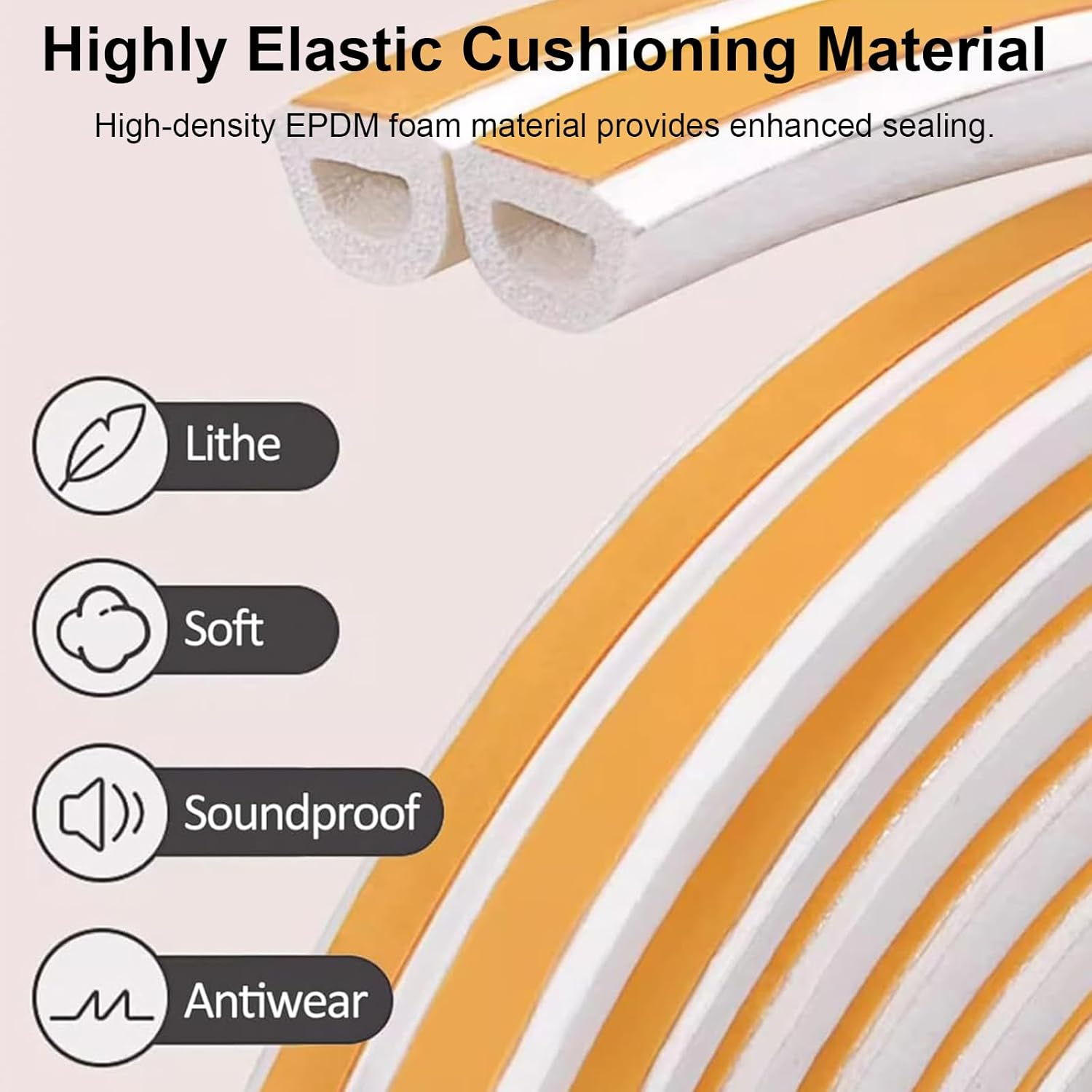 Weather Stripping Door Seal Strip, 20FT D-Type Self-Adhesive Foam Tape Soundproof & Weatherproof Insulation for Doors and Windows, Anti-Collision Rubber Seal Draft Stopper for Home (White) image number 3