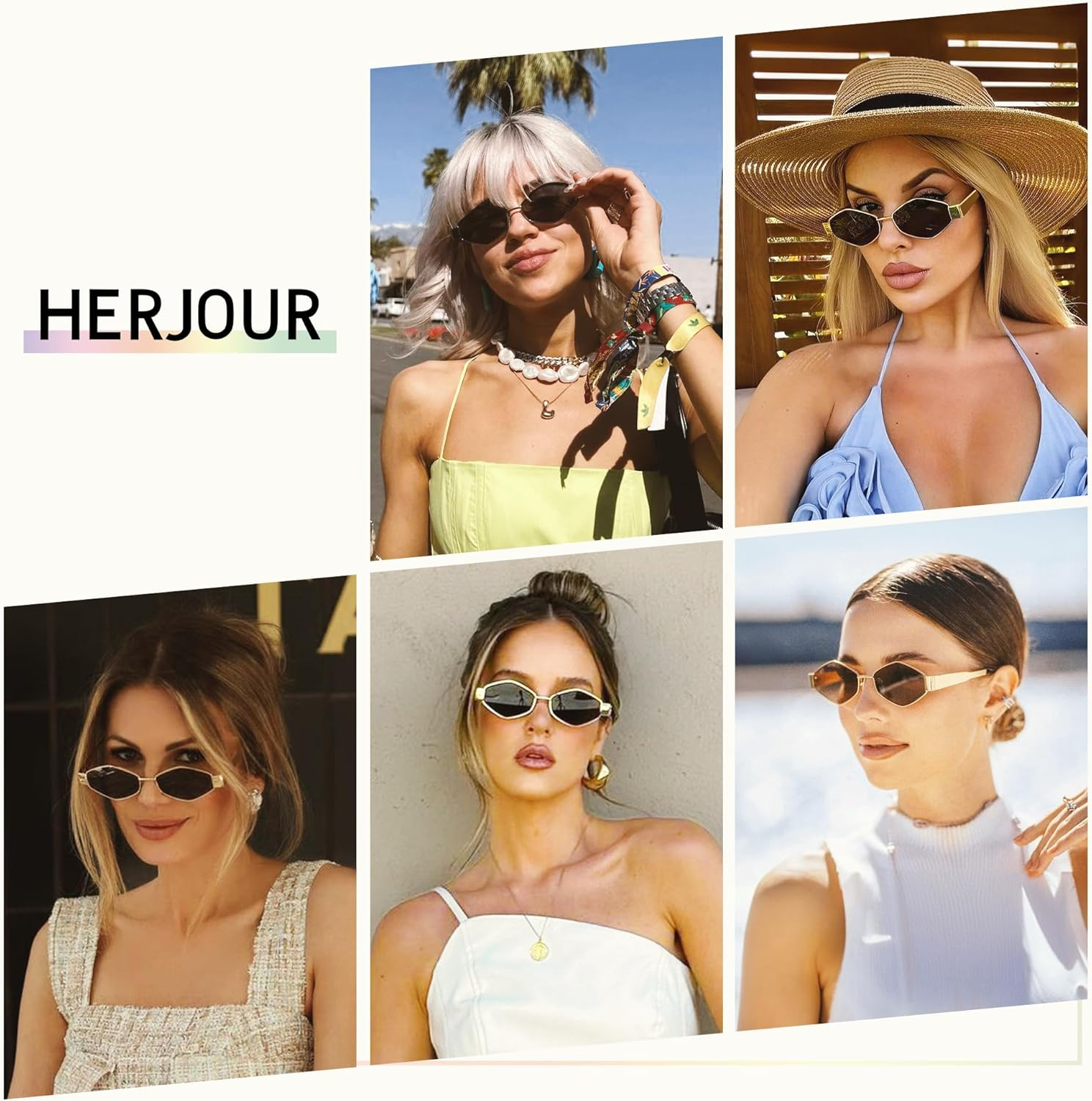 HERJOUR Trendy Retro Hexagon Sunglasses for Women Vintage 90S Classic Designer Sun Glasses Metal Frame Narrow Sunnies AR81046 - Black/Gery image number 4