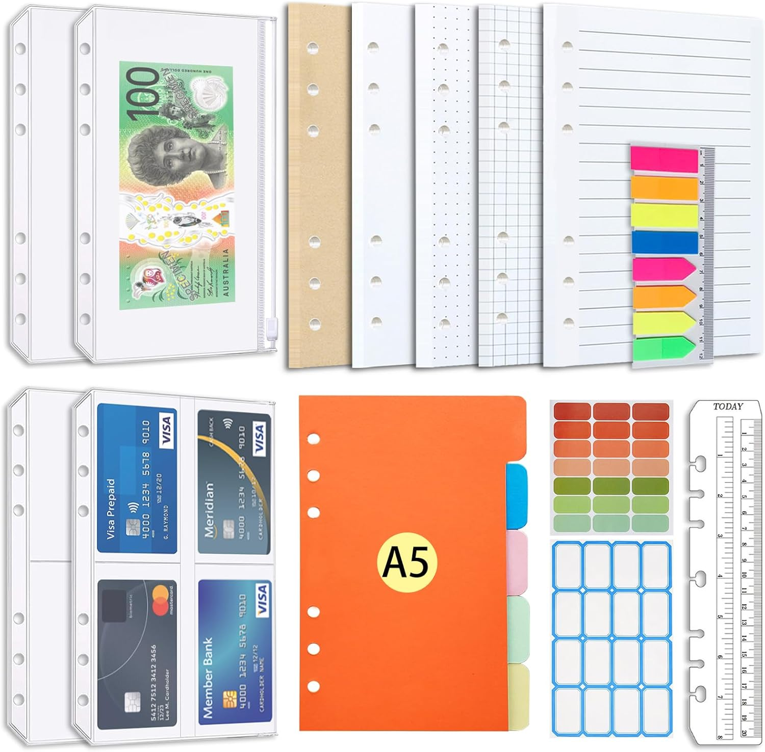 A5 Refill Paper Set, A5 Flipchart Paper with 6 Holes and Housekeeping Cards, Zip Pockets, Dividers, Rulers, Sticky Notes, Etc. for 6-Ring Binder Journal Notebook image number 2