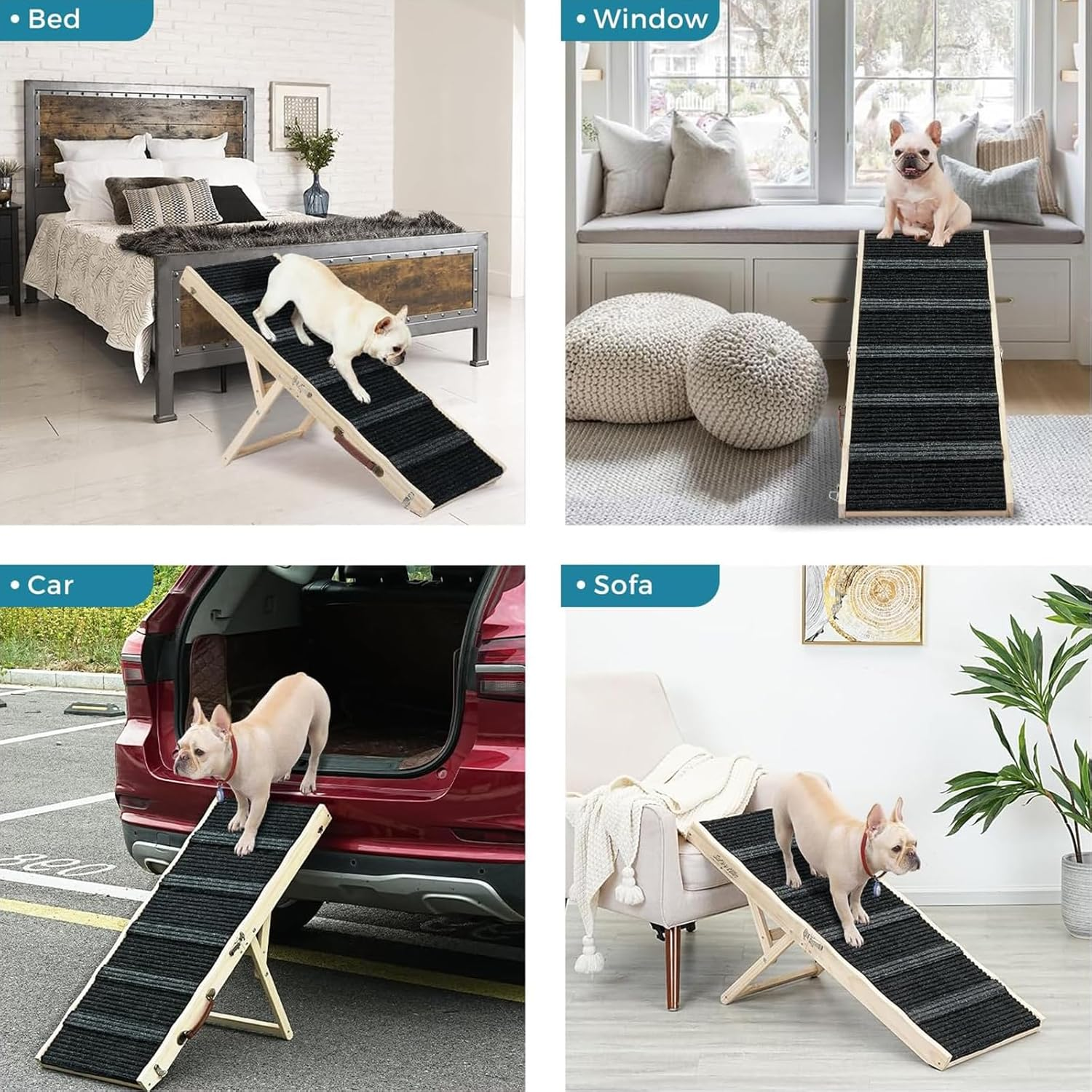Dog Ramp, Adjustable Portable Folding Pet Stairs for Bed, Couch & Car, Non-Slip Wooden Surface, 83Cm Long, Supports Small to Large Dogs, Elderly Pets (Black, 83Cmx30Cm) image number 2