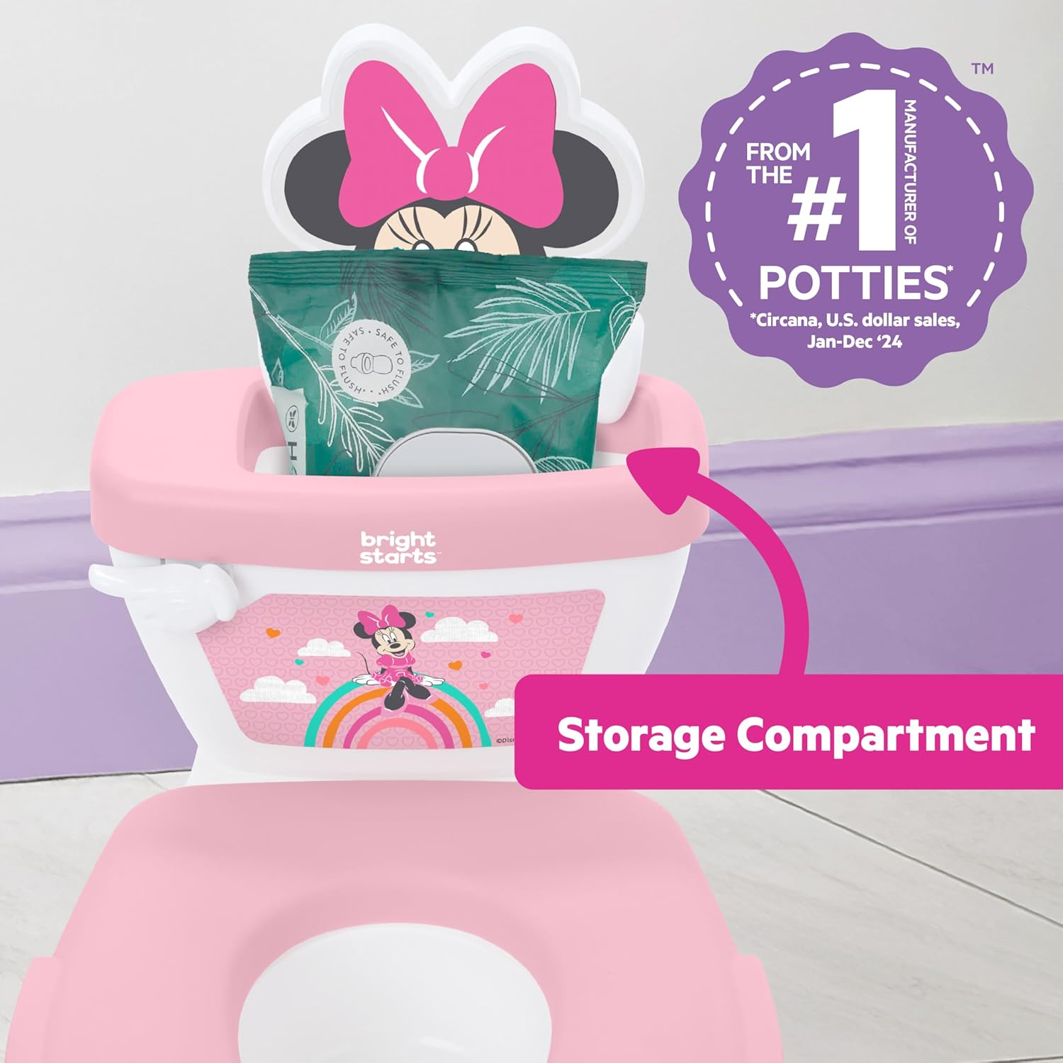 Disney Baby Minnie Mouse My Size Potty 2-In-1 System, Lifelike Flushing Sounds and Cheers, for Ages 18 Months, up to 50 Pounds, Pink image number 3