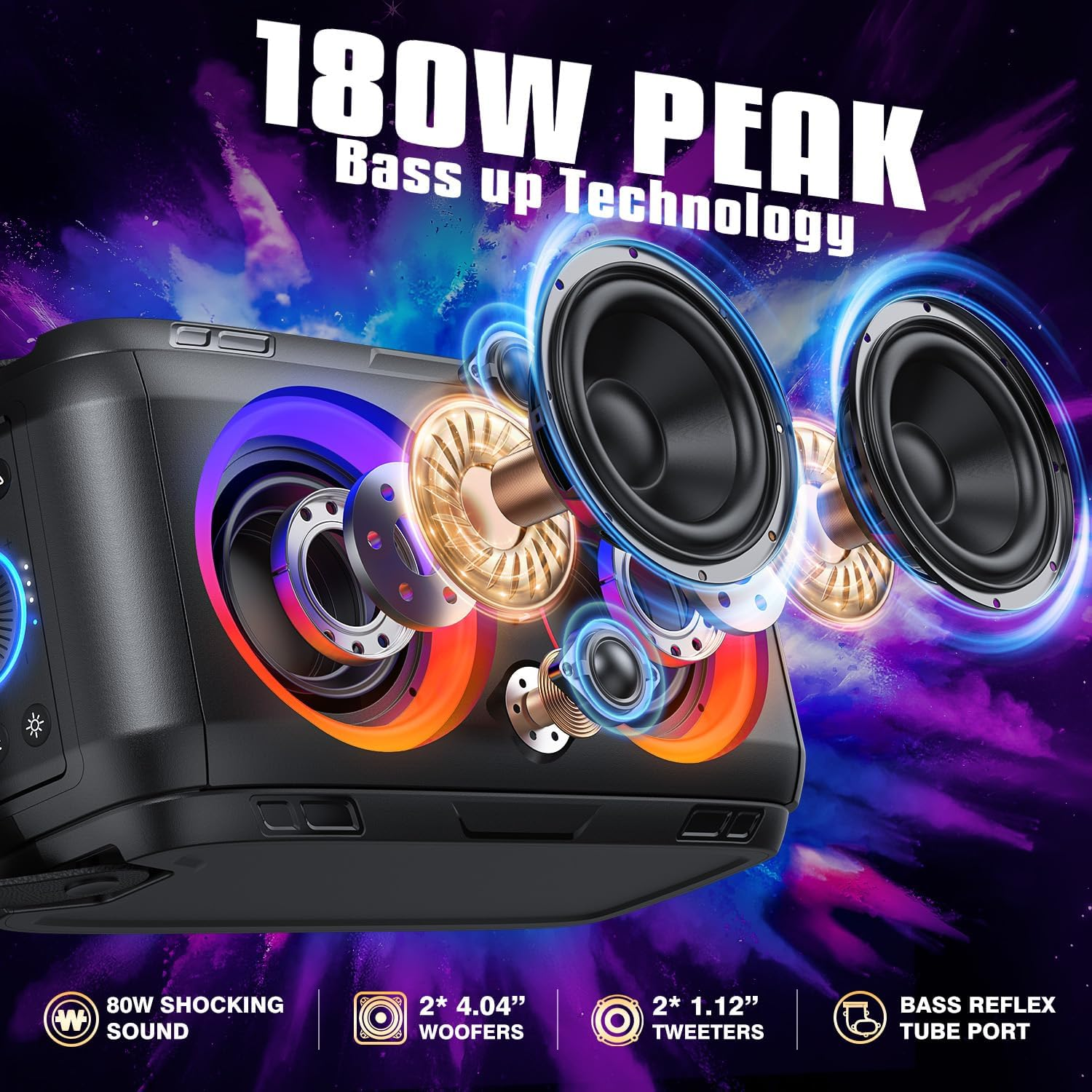 W-KING Loud Bluetooth Speakers with Subwoofer, 80W Party Portable Outdoor Speakers Bluetooth Wireless -Deep Bass, Huge 105Db Sound, Mixed Color Lights, 24H Play, AUX, USB Play, TF Card, Non-Waterproof image number 1