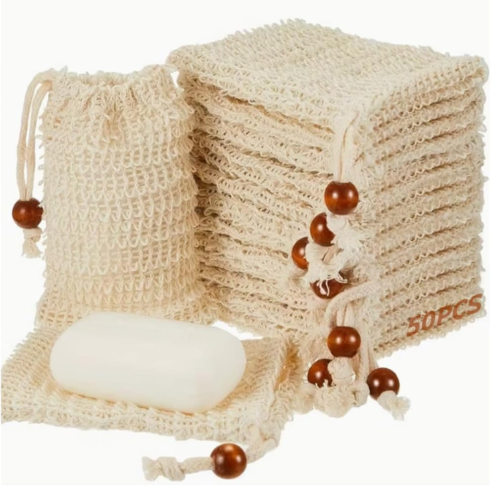 50 Pack Soap Bag,With Drawstring Exfoliating Pouch, Drawstring Soap Bags with Wooden Beads,Bathing and Shower Soap Bags,For Bath and Shower image number 1