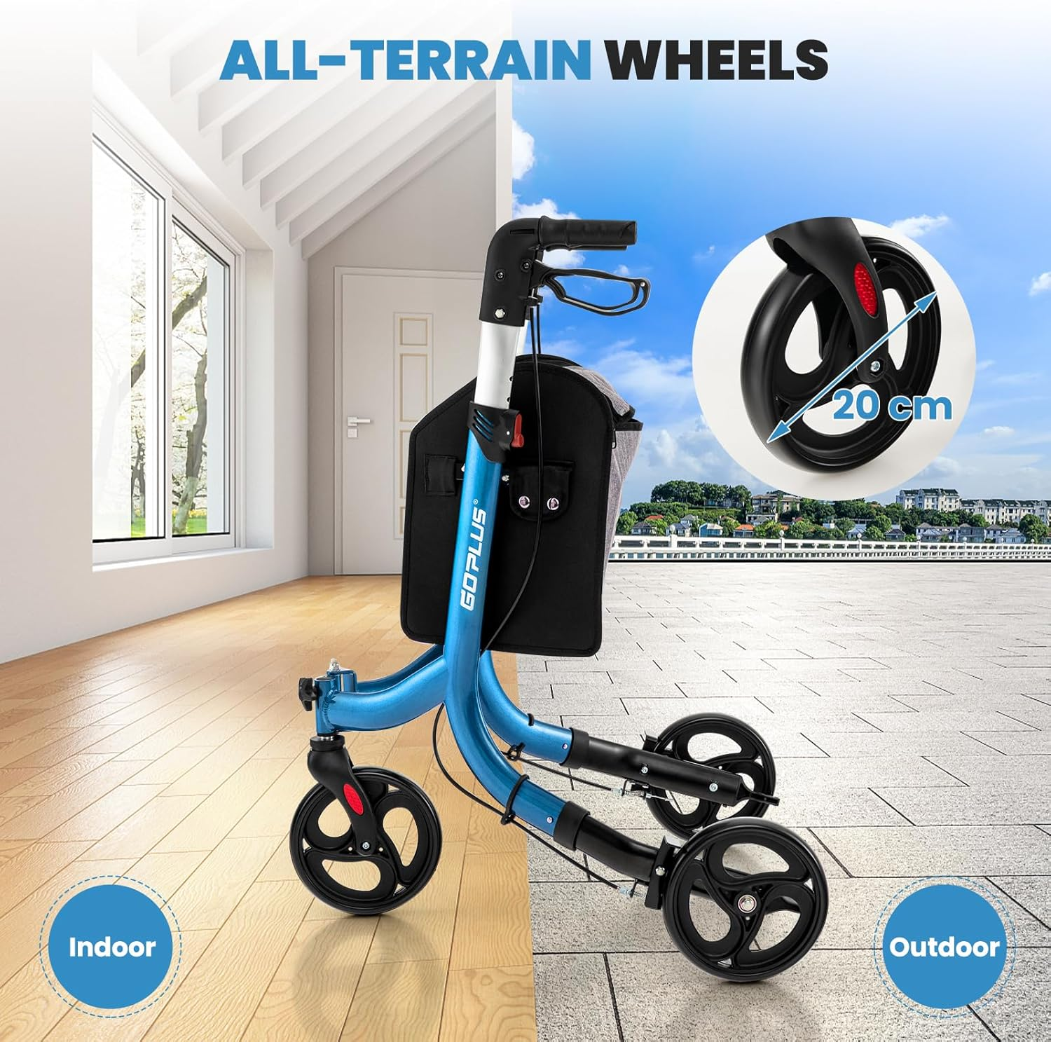 Costway 3 Wheel Rollator Walker, Folding Aluminum Rolling Walker W/Zippered Storage Bag, Safe Dual Brake System & 8" Wheels, Lightweight Medical Standard Rollator for Elderly Seniors (Blue) - Red image number 5